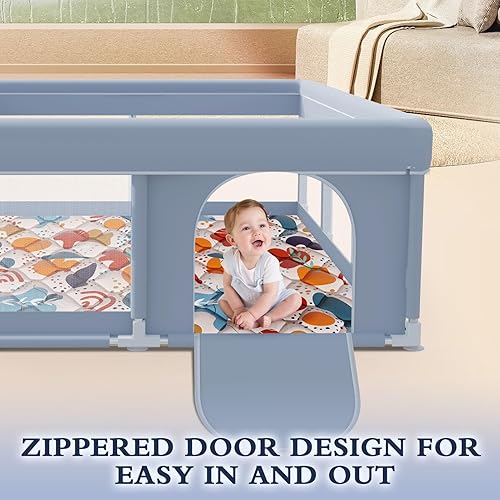 Miniatura 7 de Corralito para bebés de 74 x 50 pulgadas con alfombra, corralito para bebés y niños pequeños, parque infantil para interiores y exteriores, con tela