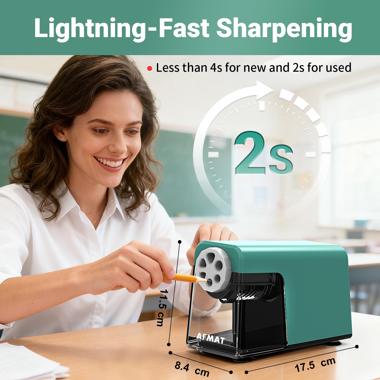 AFMAT Sacapuntas eléctrico 6 agujeros con contenedor, apagado automático y almacenamiento de lápices - Sacapuntas eléctrico recargable para 6-11 mm Nº 2/grandes/lápices de colores, 10.000 tamaños.Grün