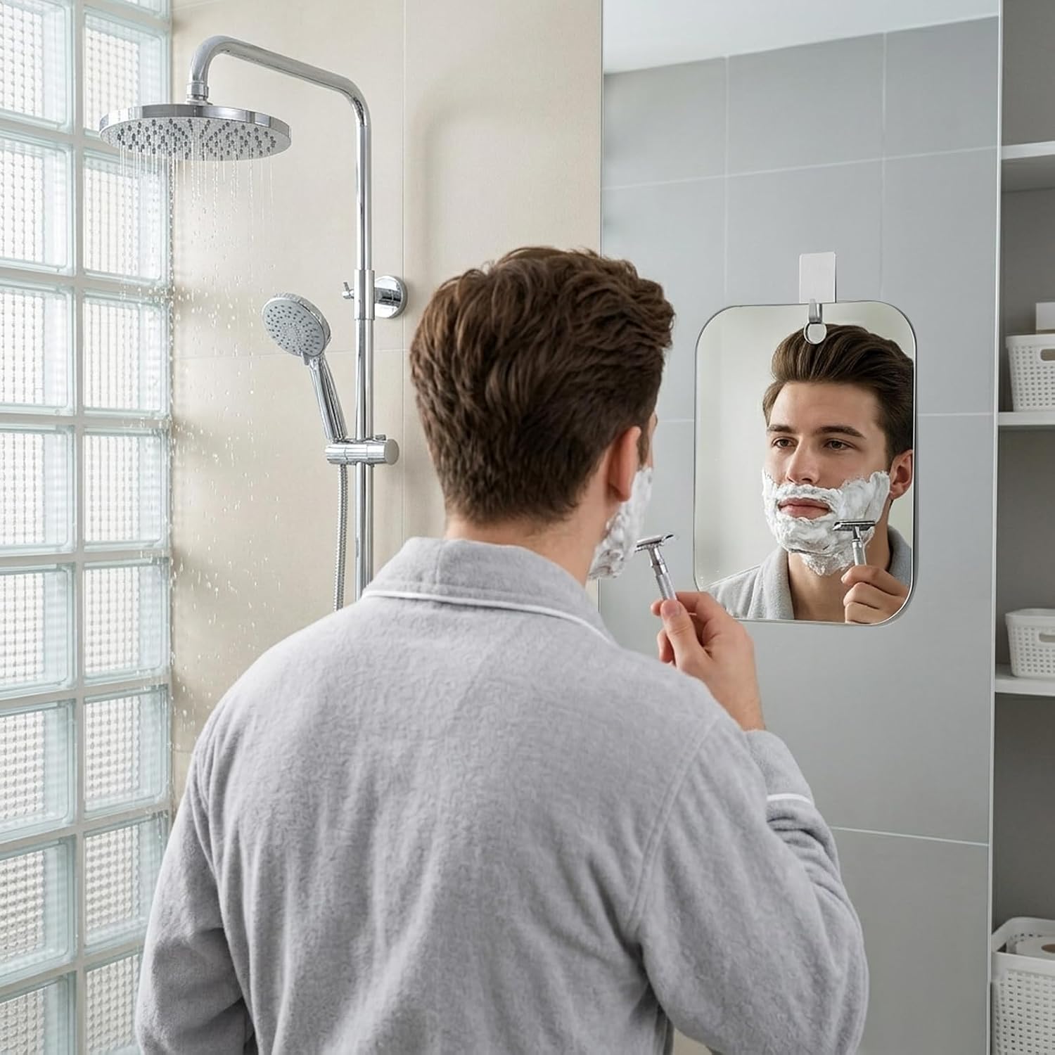 Shower Mirror Fogless for Shaving,9.5x7.5 Inch Shatterproof Anti Fog Shaving Mirror Holder No Fog Free Waterproof,Small Wall Mounted Bathroom Accessories Camping Hanging Men image 4