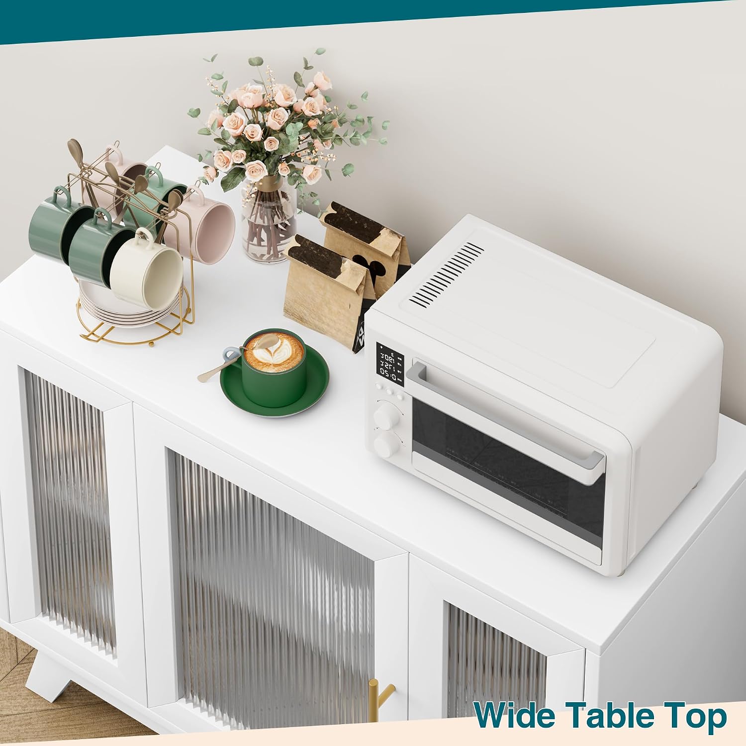 Buffet Cabinet, 36" White Sideboard Cabinet with Adjustable Shelves and Fluted Glass Door, Kitchen Buffet Server Table Accent Sideboard Cupboard Server Buffets Console Table for Kitchen, Dining Room