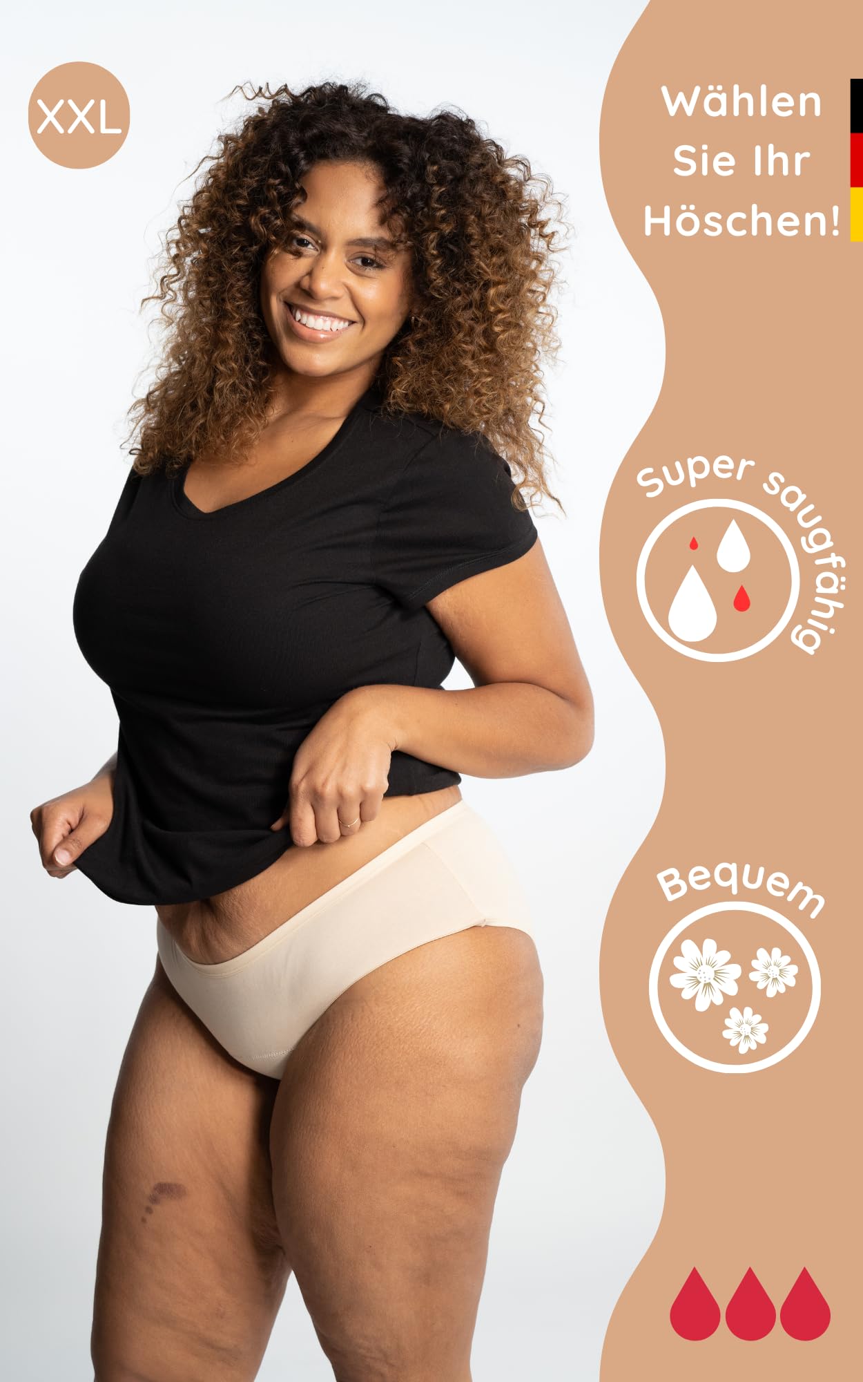 NoBlood - 4er Pack Periodenunterwäsche Shorty-Stil - Starter Set Sparpack (2X Schwartz 1x Rot - 1x Nude) Starke Blutung XXS/4XL Baumwolle waschbar | Menstruationsslip bequem