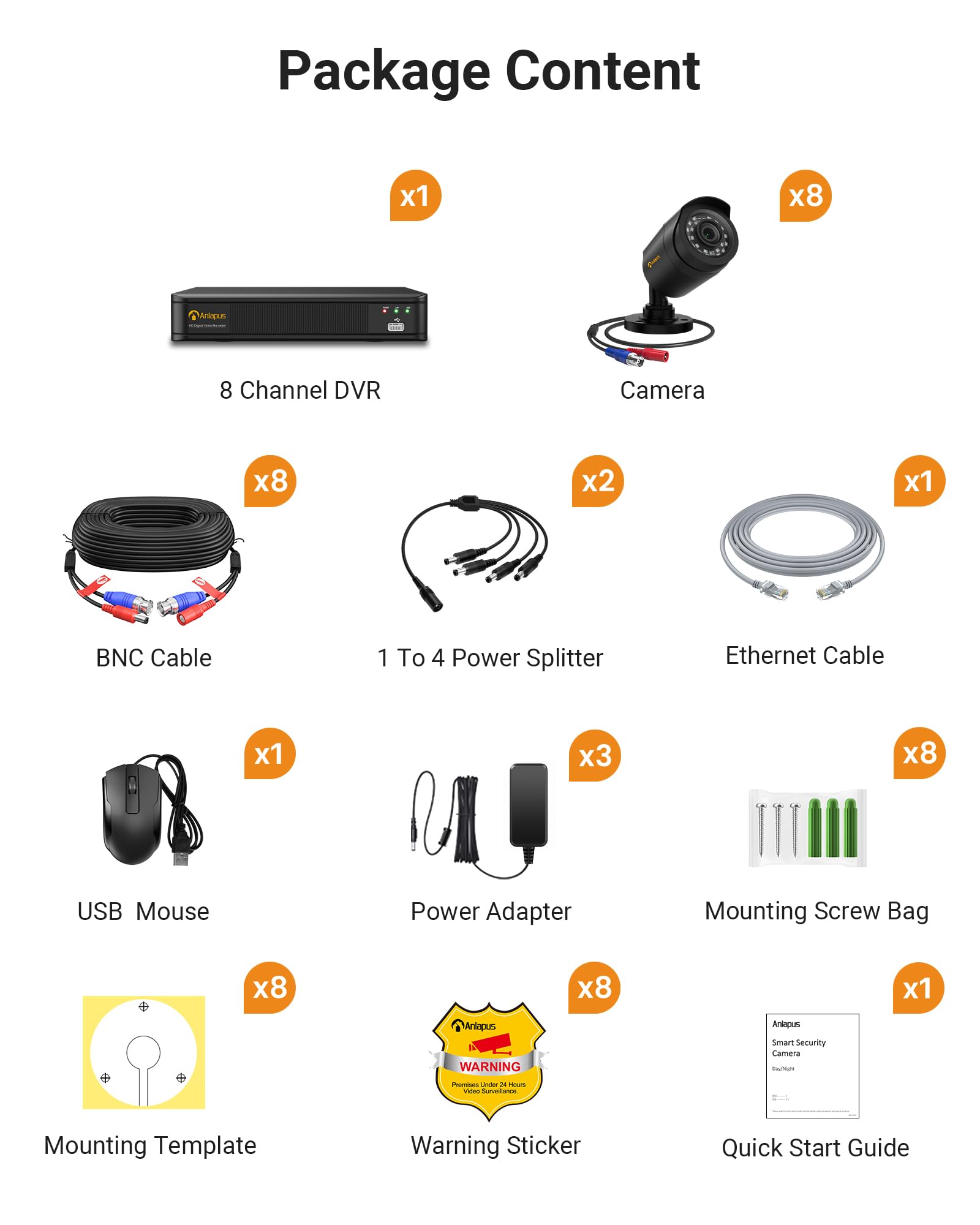 Anlapus 8CH 1080P Überwachungskamera Set H.265+ 1080P DVR Rekorder mit 2TB Festplatte und 8X 2MP Außen Bullet Kamera, 24M IR Nachtsicht