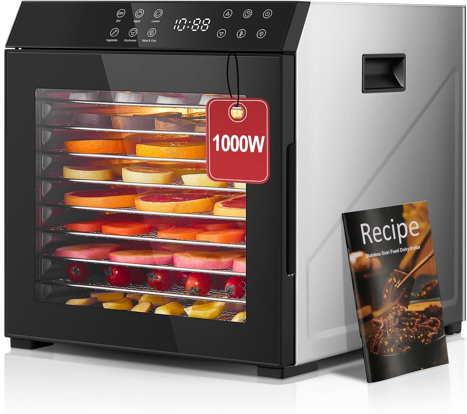 FOHERE 1000W Food Dehydrator for Jerky: 10 Stainless Trays, 9.04ft² Capacity, 176°F Precise Temp Control, Digital Timer for Meat, Fruits, Herbs & Dog Treats
