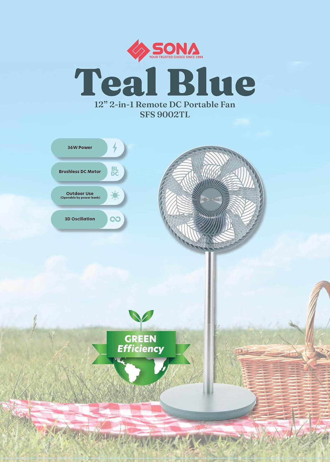 SONA 12-inch 2-in-1 Remote Portable DC Fan SFS 9002TL