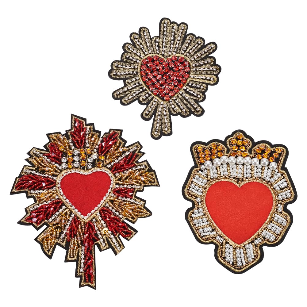 Patch en forme de cœur rouge brodé de strass et perles INFUNLY pour customisation de vêtements