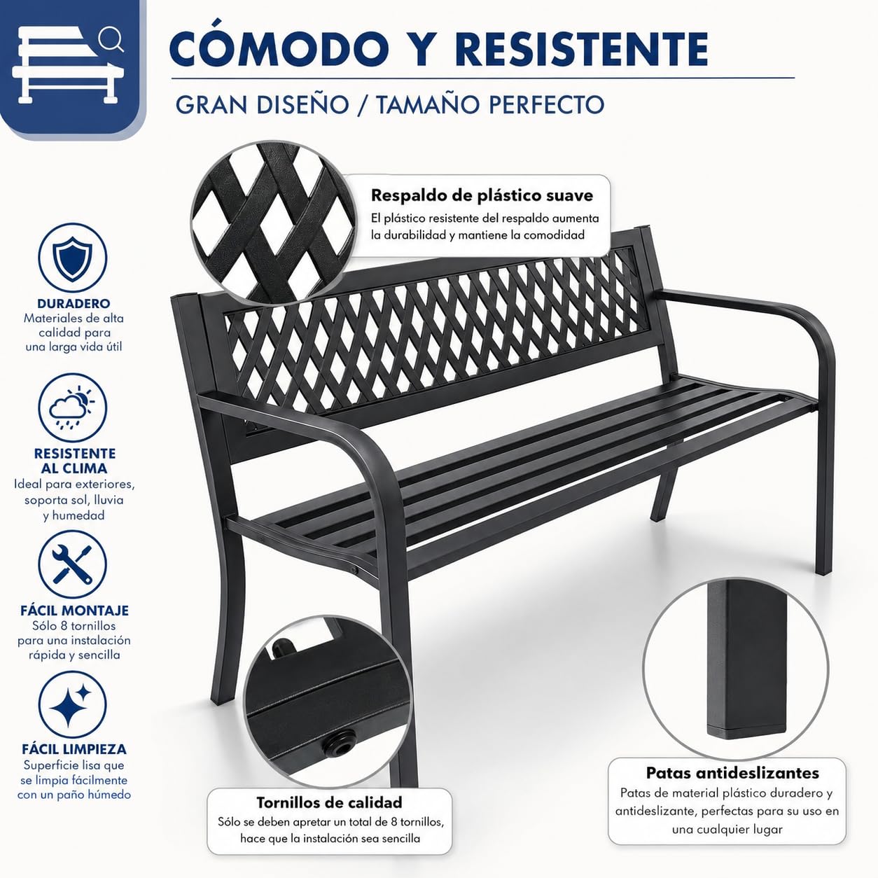 Banco de Jardín Exterior de Metal 2-3 Plazas | Asiento de Acero Resistente | Ideal para Terraza, Patio, Porche o Balcón | Diseño Decorativo con Respaldo Curvo | Mueble Exterior Duradero