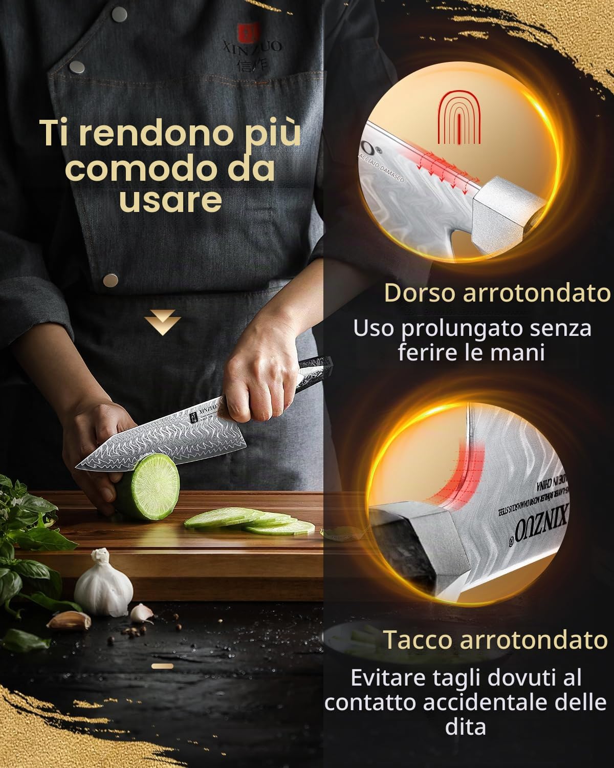 XINZUO 21,5cm Coltello da Cuoco Acciaio Damasco a 145 Strati Forgiato a Mano Professionale Coltello da Chef da Cucina -Acciaio in Polvere M390 Austriaco -Manico in Resina di Fibra di Carbonio Nera