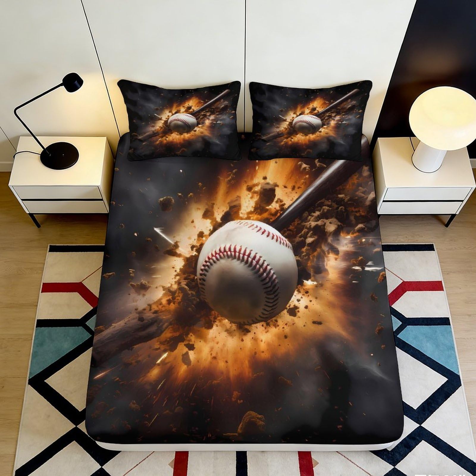 3D Printed Baseball Pattern Fitted Sheet Microfiber Deep Pocket Non-Slip Baseball Mattress Fitted Cover for Bedroom 200x200x25cm