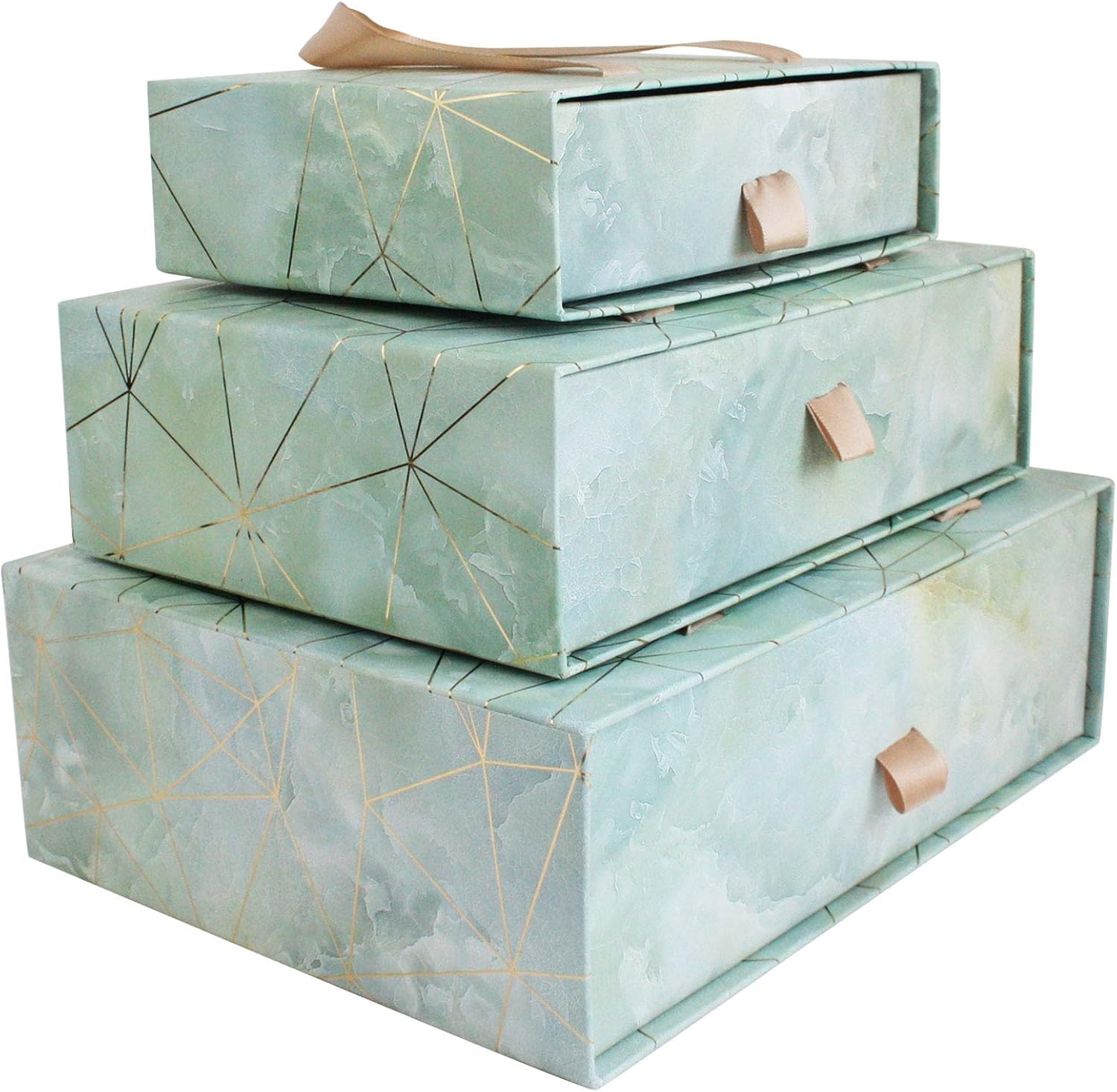 Emartbuy Set of 3 Gift Box, Sea Green Marble Print with Golden Origami Lines and Beige Carry Handle, Rectangle Set of 3 - Image 4