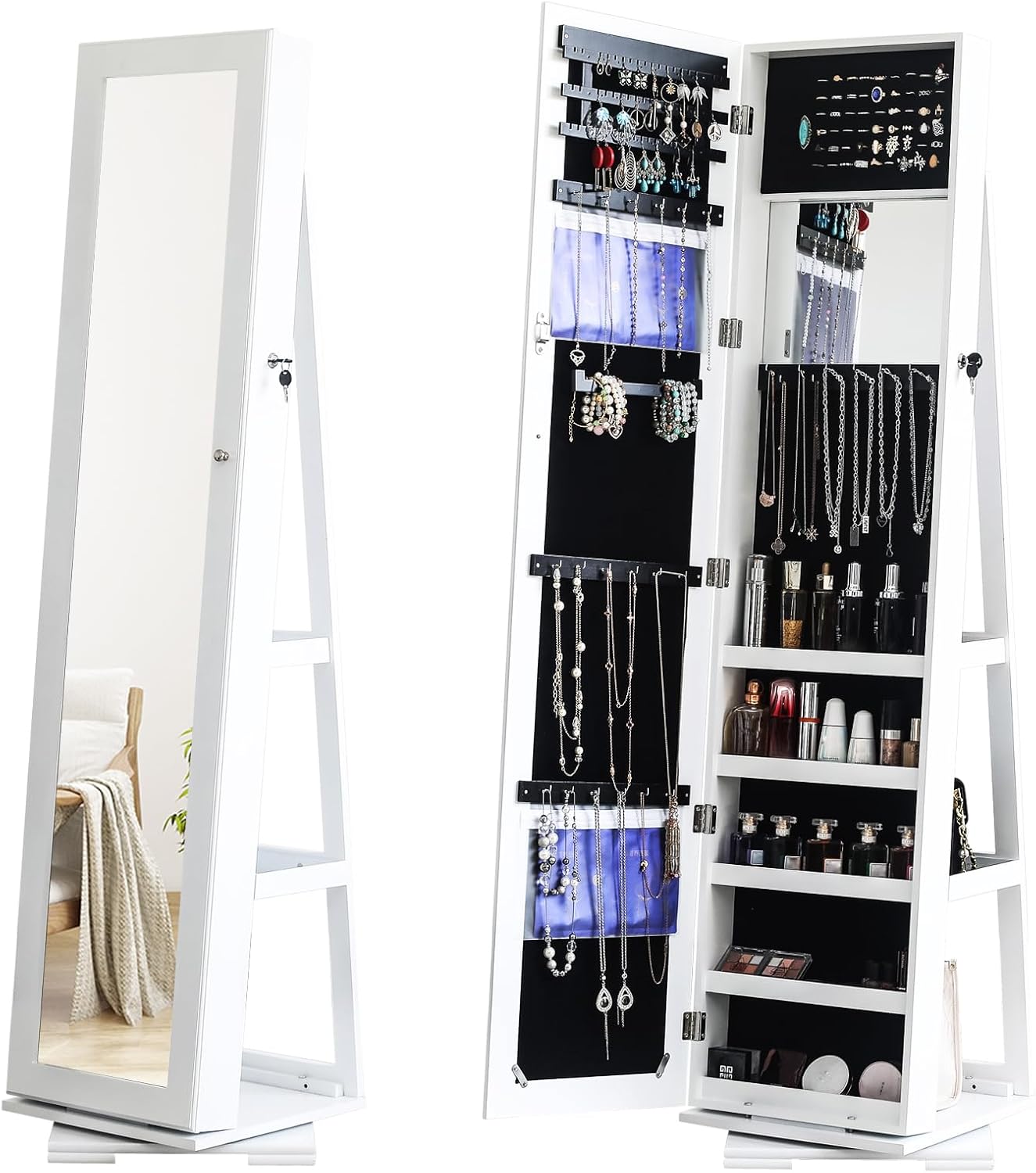 Bonnlo Jewelry Armoire with 360 Rotation Base, 57 x 10 inch Mirror, Freestanding, Cosmetic Storage