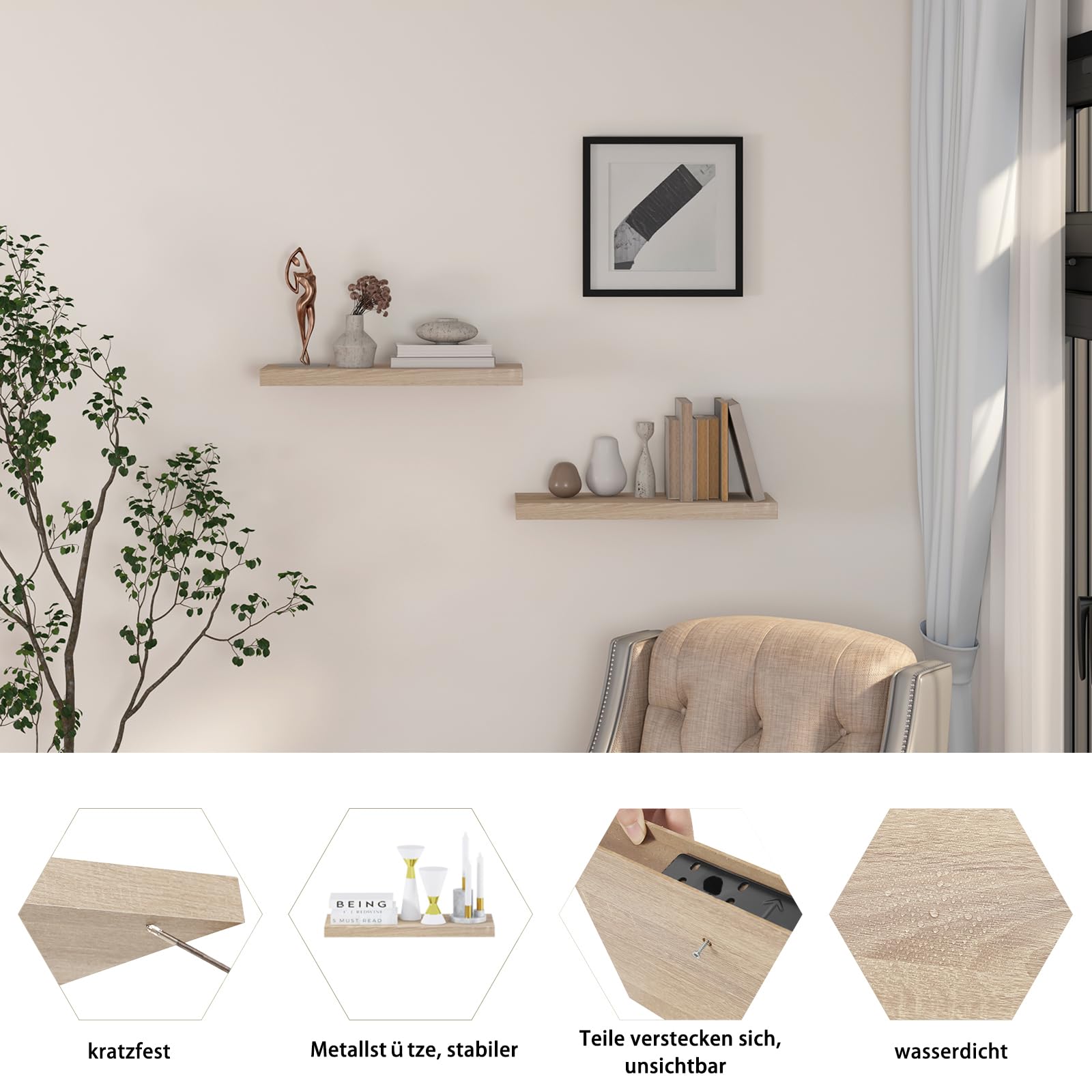 EUGAD Set di 4 Mensole da Muro, Noce Chiaro, 100cm, in Legno MDF, Librerie Scaffale da Parete Portaoggetti, Stile rétro, Mensole Sospese Decorative per Salotto Cucina Corridoio