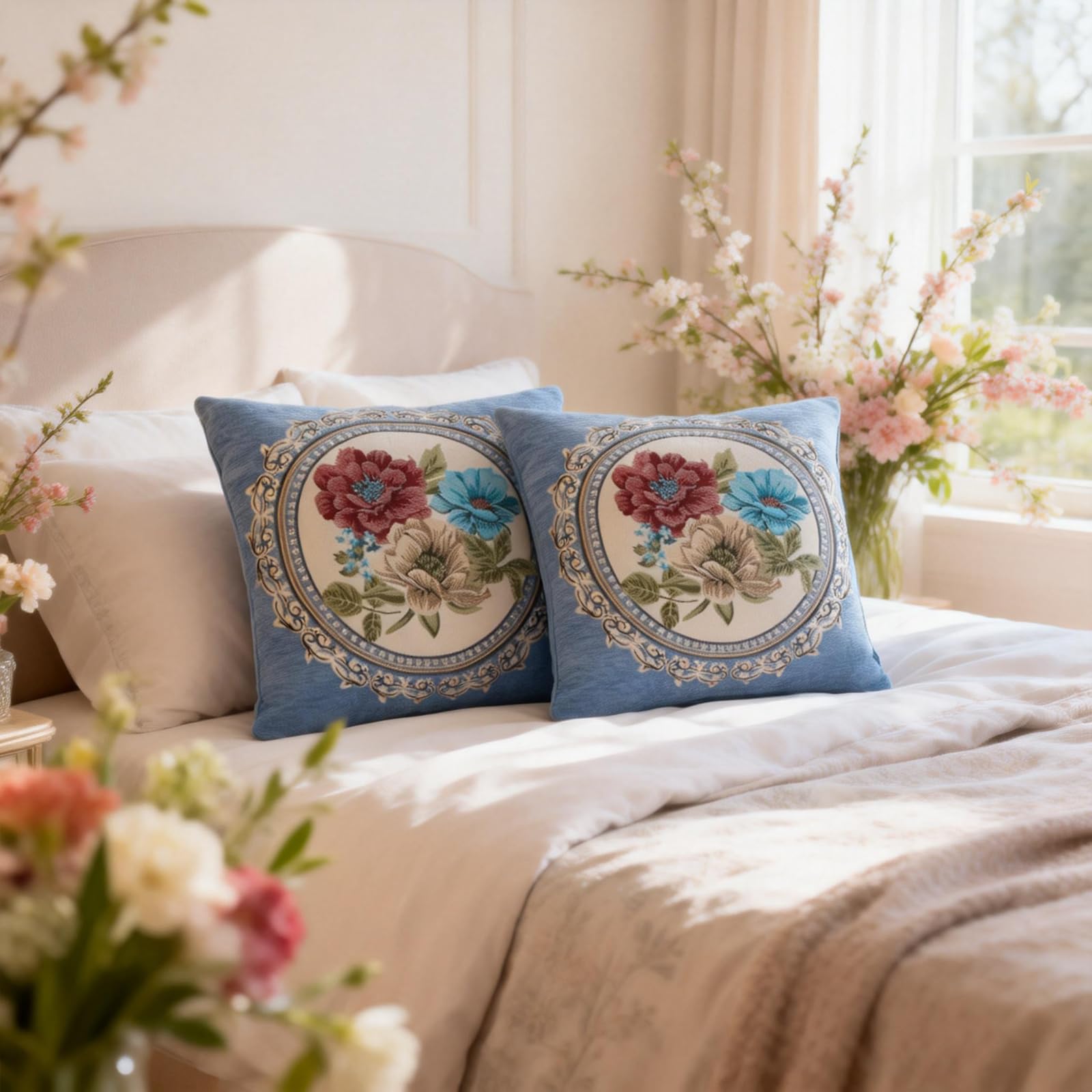 Set di 2 federe per cuscini ricamate vintage, 45,7 x 45,7 cm, per soggiorno, motivo floreale, per divano (blu-1)