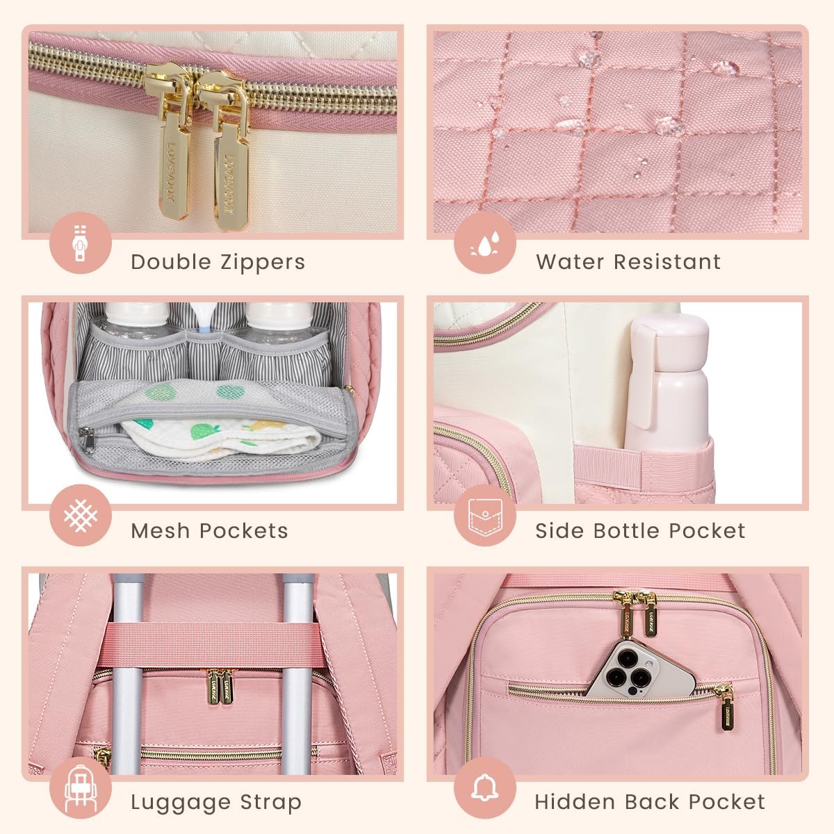 LOVEVOOK Diaper Bag Backpack Large Capacity Baby Bag with Portable Changing Pad, Multifunction Baby Travel Backpack Pink Large image 6 of 7 B0CFFNSR47