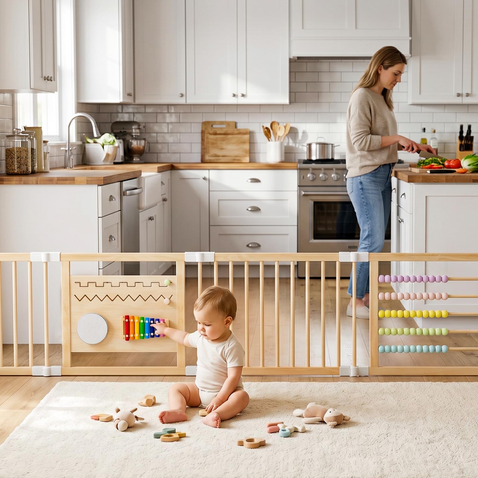 Laufstall Baby mit Spielzeug, Laufgitter Baby Faltbar aus Holz, Verstellbare Größe, mit Tür & Sicherheitsverschluss, Krabbelgitter Absperrgitter für Kleinkinder(240 * 160 * 61 cm)