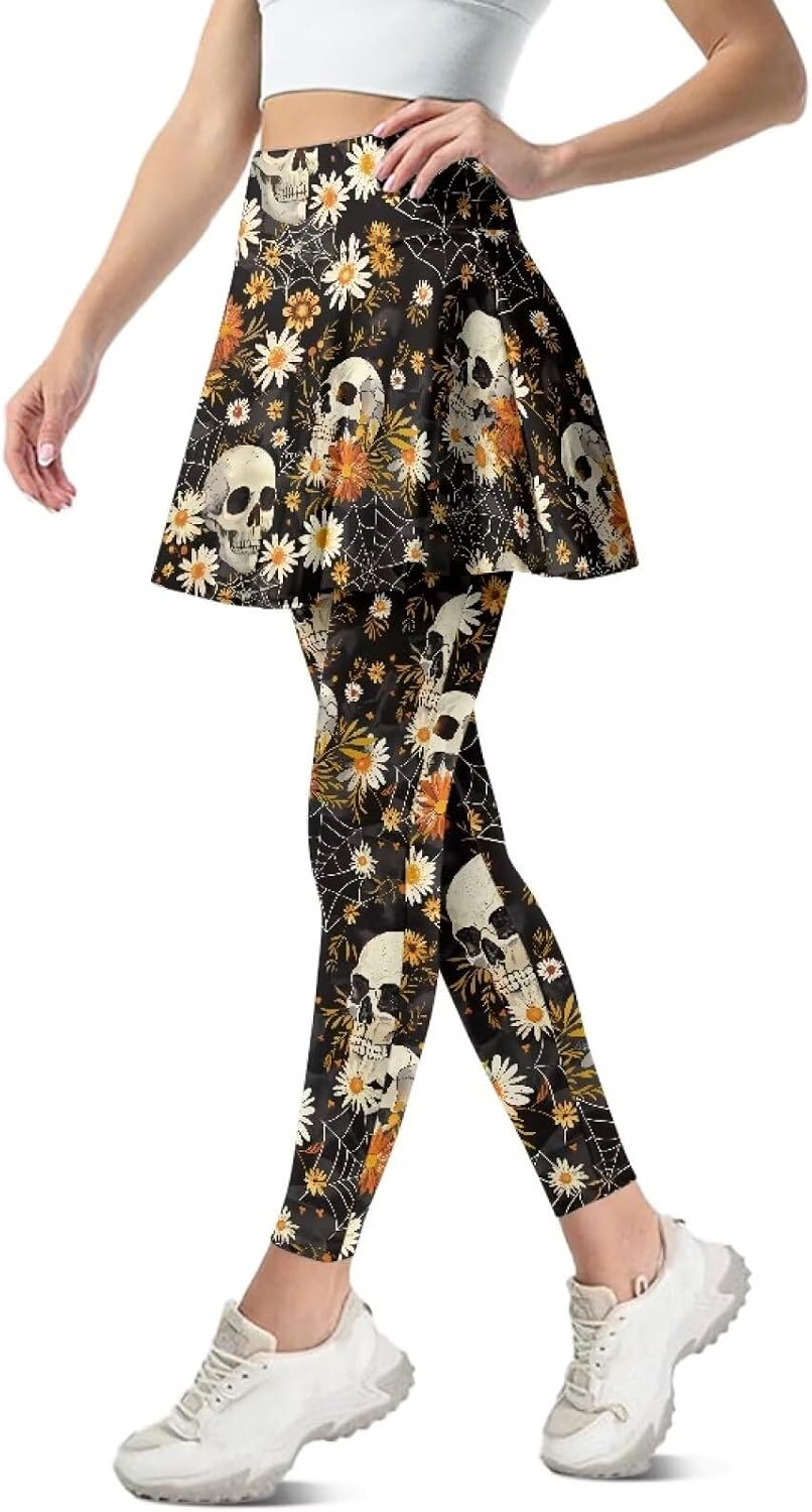COEQINE Plus Size Women Tennis Skirt with Leggings Elastic Printed Skorts Athletic Yoga Pants Womens with Pocket XS-3XL