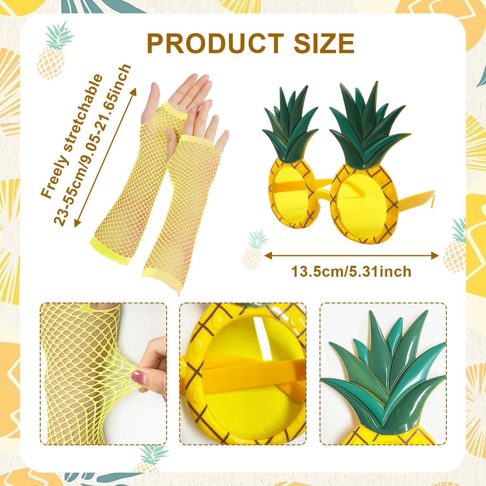 XNIVUIS 7 Pcs Pineapple Costume Set, Hawaiian Fancy Dress Set, Pineapple Crown, Glasses, Earrings, Necklace, Fishnet Gloves - Image 3