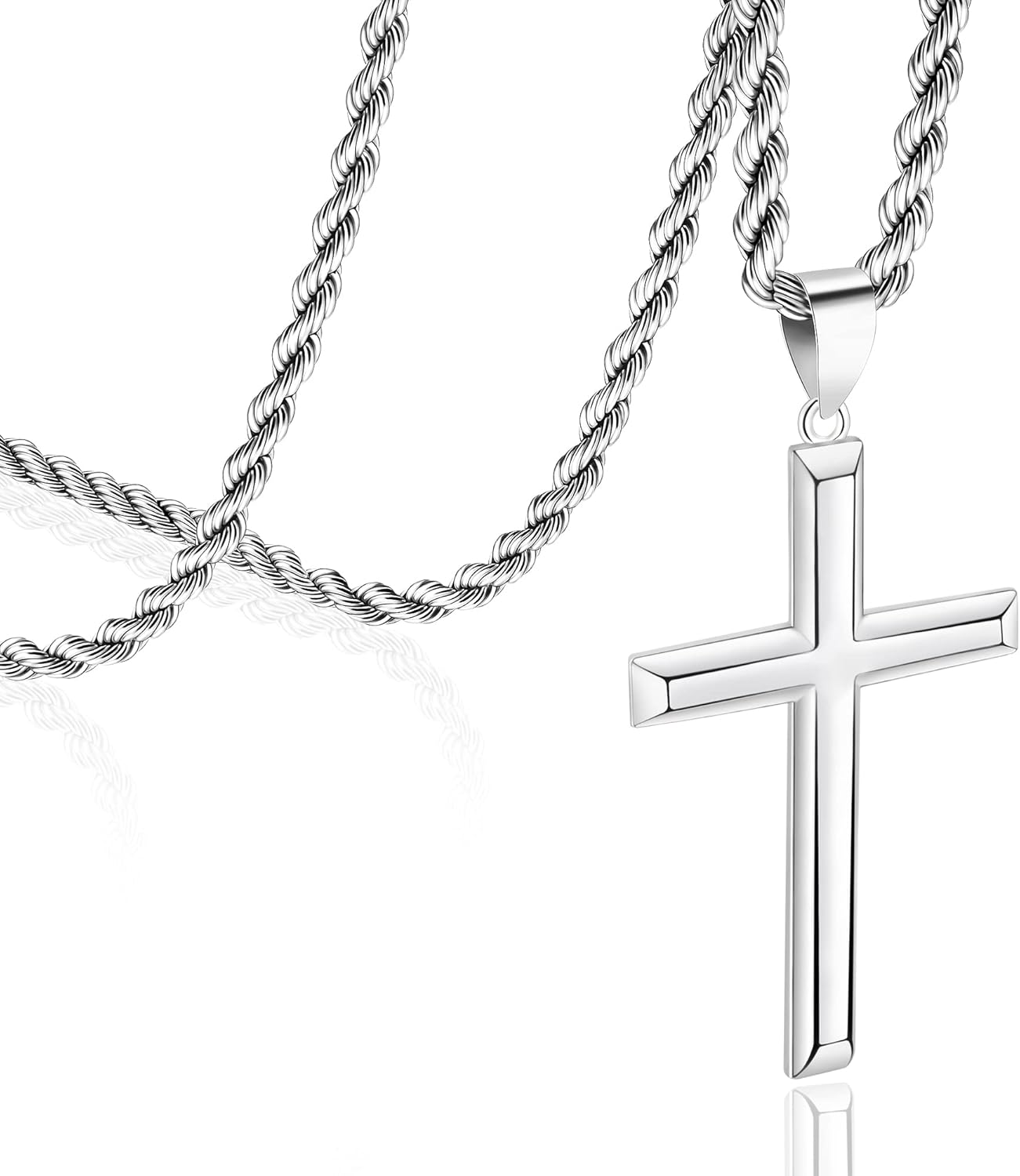 925 Sterling Silver Cross Pendant Necklace for Men Women with 3.5mm Stainless Steel Clasp Rope Twist Chain 18K White Gold Plated Highly Polished 16-28 Inches