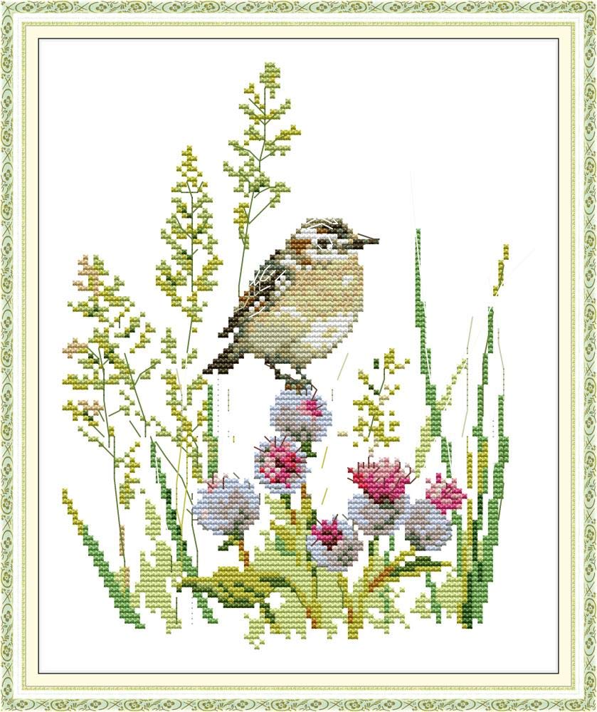 Wowdecor Birds Cross Stitch Embroidery Kits For Adults Kids, Little Bird Flowers 11Ct Stamped Diy Dmc Needlework Easy Beginners