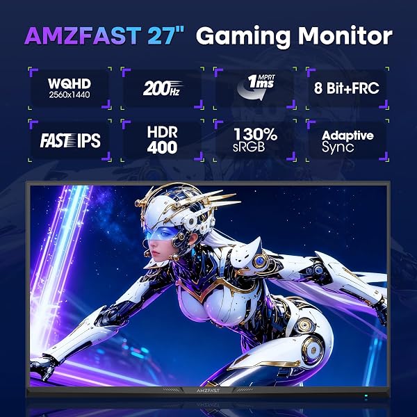 Amzfast 27 Inch Gaming Monitor, 2560 x 1440 WQHD, 200Hz, Fast IPS Panel, 1ms MPRT, Adaptive Sync, 5% DCI-P3, 130% sRGB, HDR400, HDMI2.0 & DP1.4, VESA 100 x 100 mm, TÜV Rheinland Certified, White - 2