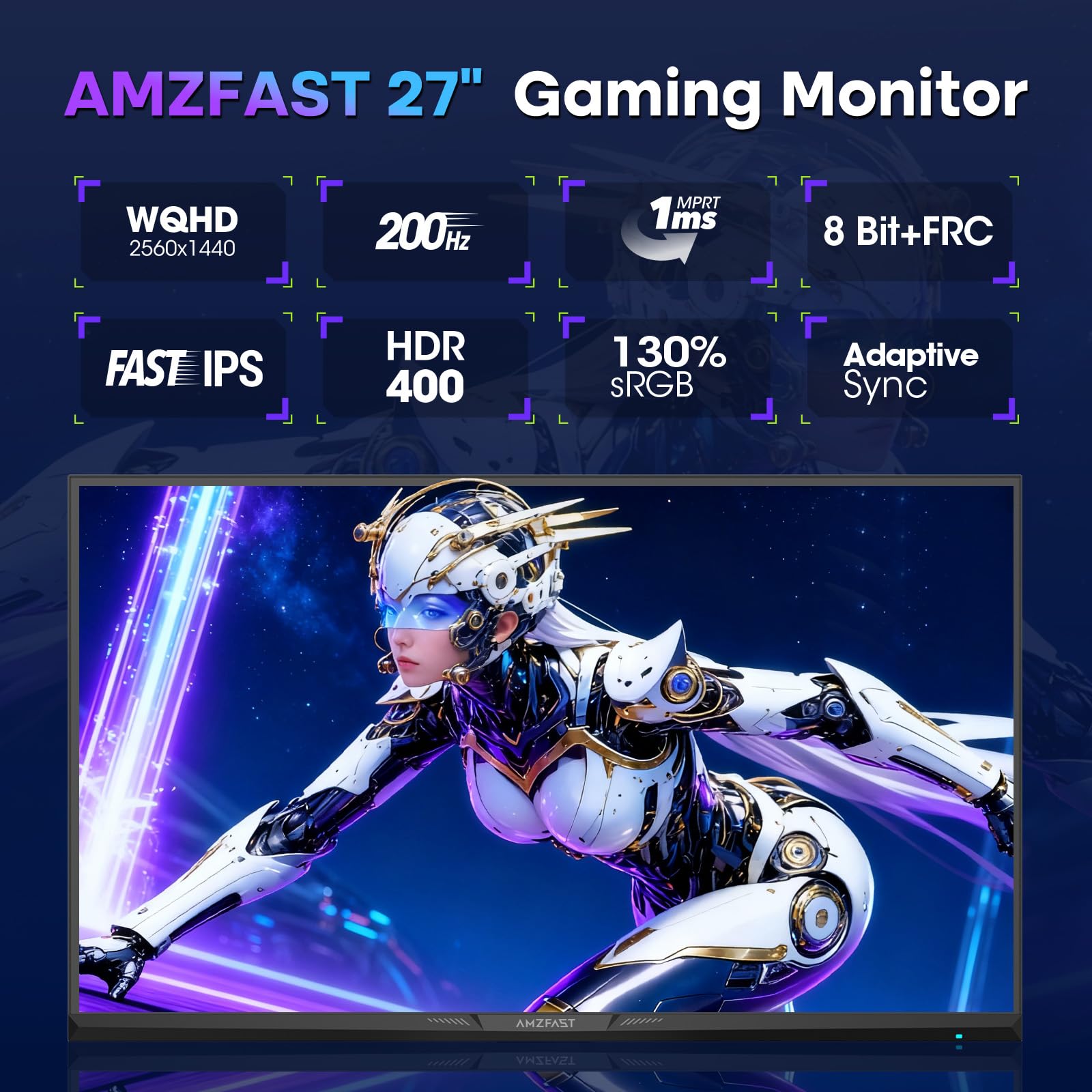 Amzfast Monitor da Gaming 27 Pollici – 200Hz, QHD 2560x1440, Rapido IPS, 1ms GtG, 95% DCI-P3, 130% sRGB, HDR, Adaptive Sync, VESA 100 * 100, HDMI 2.0 * 2/DP 1.4 * 2 con Cavo, Bianco - AMZG27F6Q