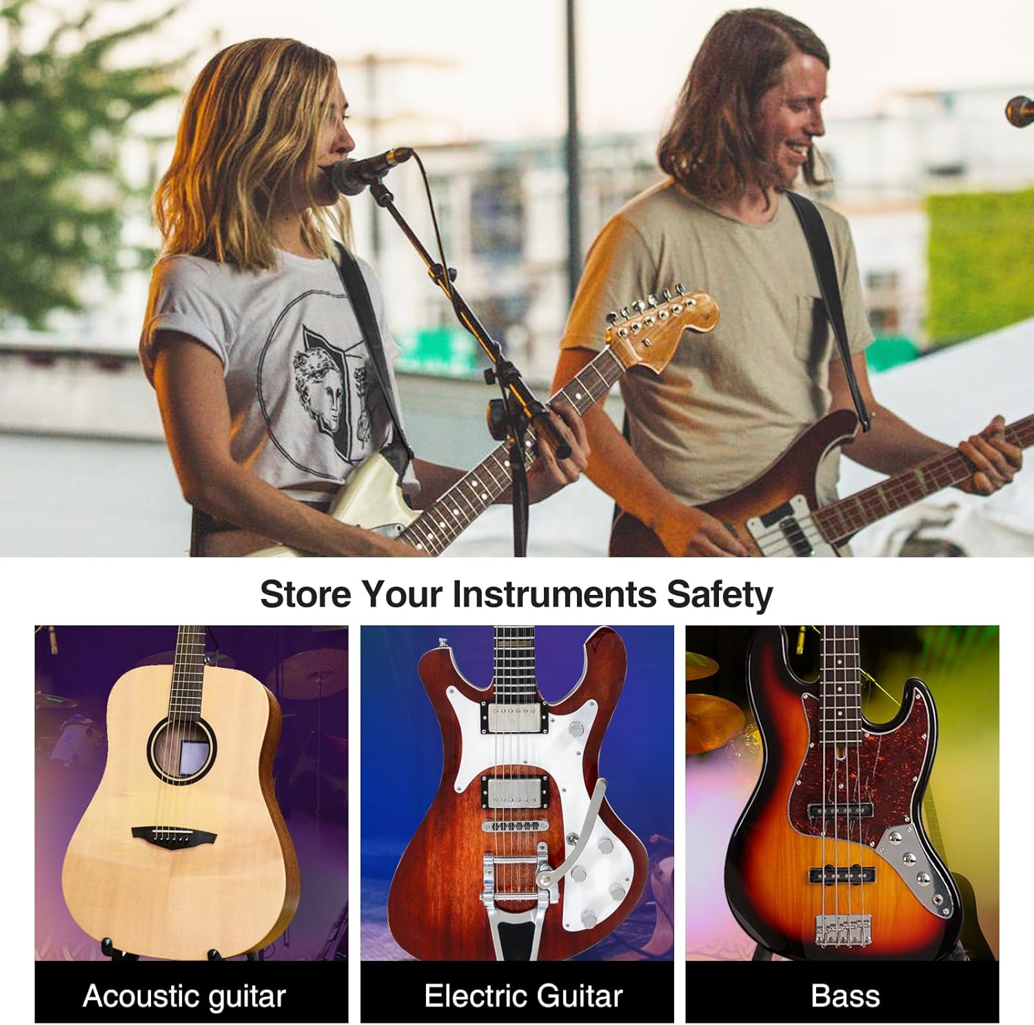 Three images showing an acoustic guitar, an electric guitar, and a bass guitar, indicating the strap's compatibility with various instrument types.