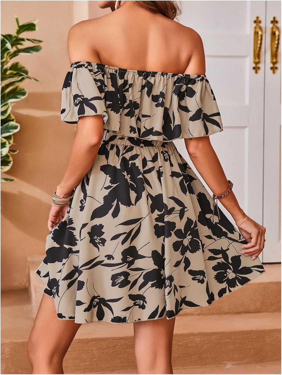 SOLY HUX Women's Off The Shoulder Floral Summer Dresses Short Sleeve Ruffle A Line Flowy Short Dress - Image 2