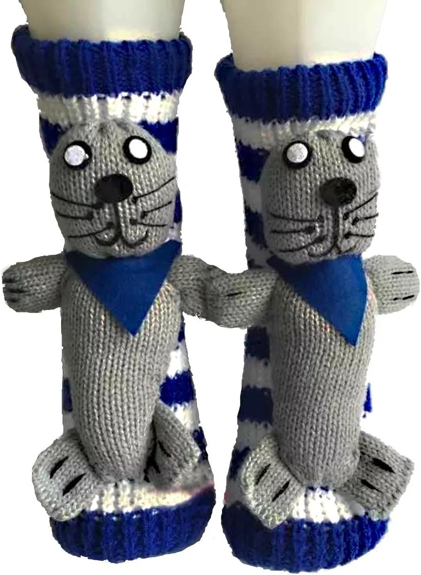 Non-slip Knit Sweater Warm Household Floor Socks for Women Blue white grey cat