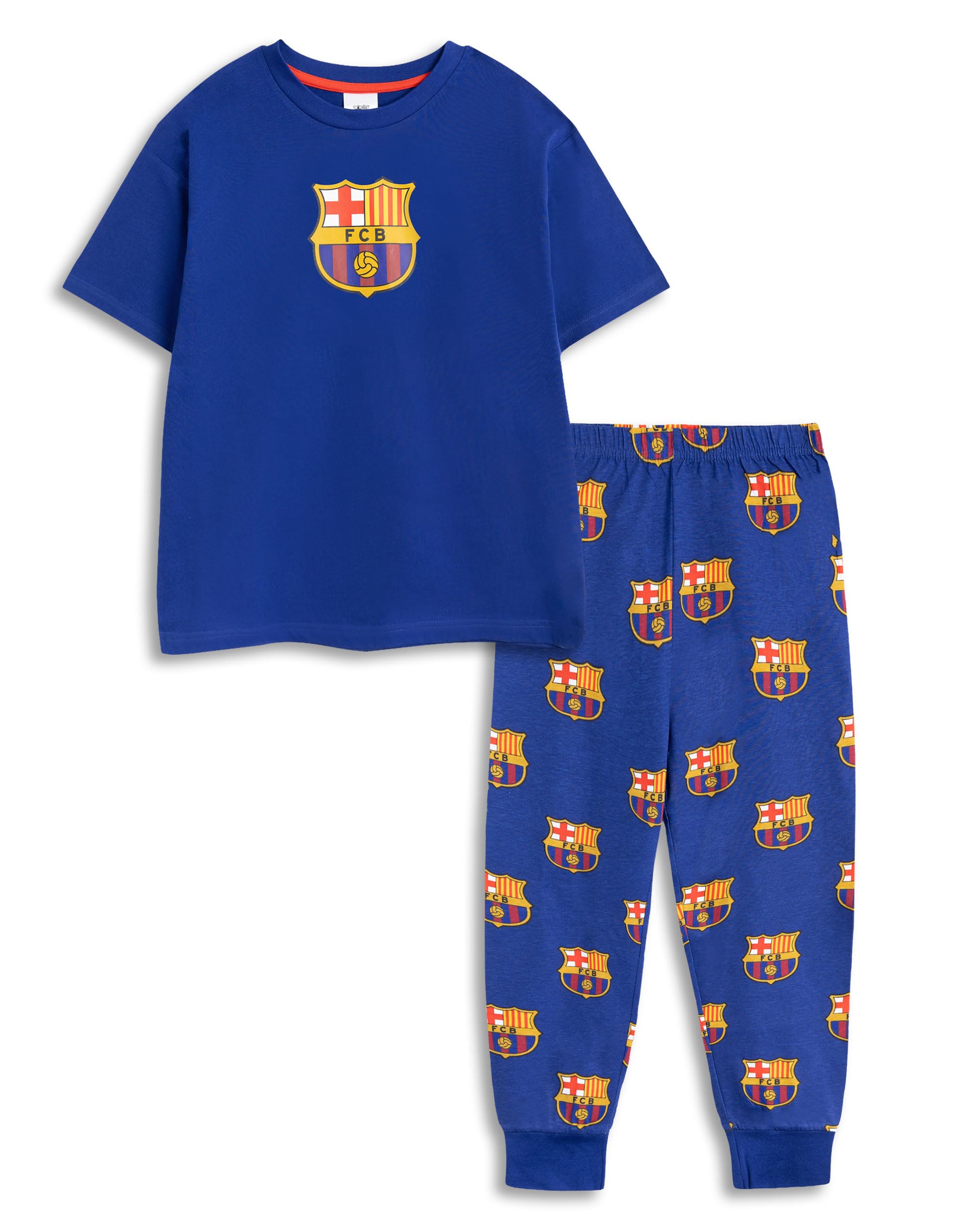 Fc Barcelona Boys Black Blue Short Sleeve Long Leg Pyjama Set | Classic Sleepwear With Logo Design | Comfortable Loungewear For Kids | Perfect Nightwear Merch - 9-10 Years