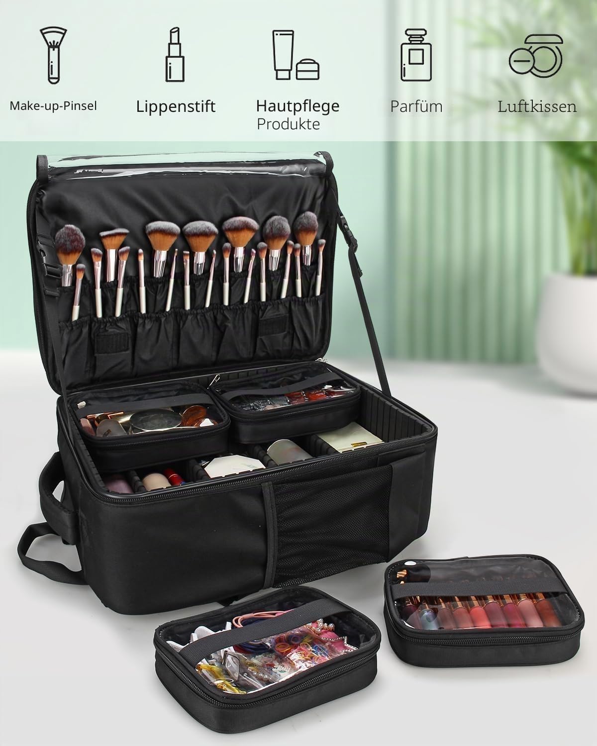 Relavel Kosmetik-Rucksack Profi Kosmetikkoffer Extra Groß Reise Kosmetik Tasche Aufbewahrungsorganizer Doppelschicht Große Kapazität mit 4 Innenfächern Schwarz