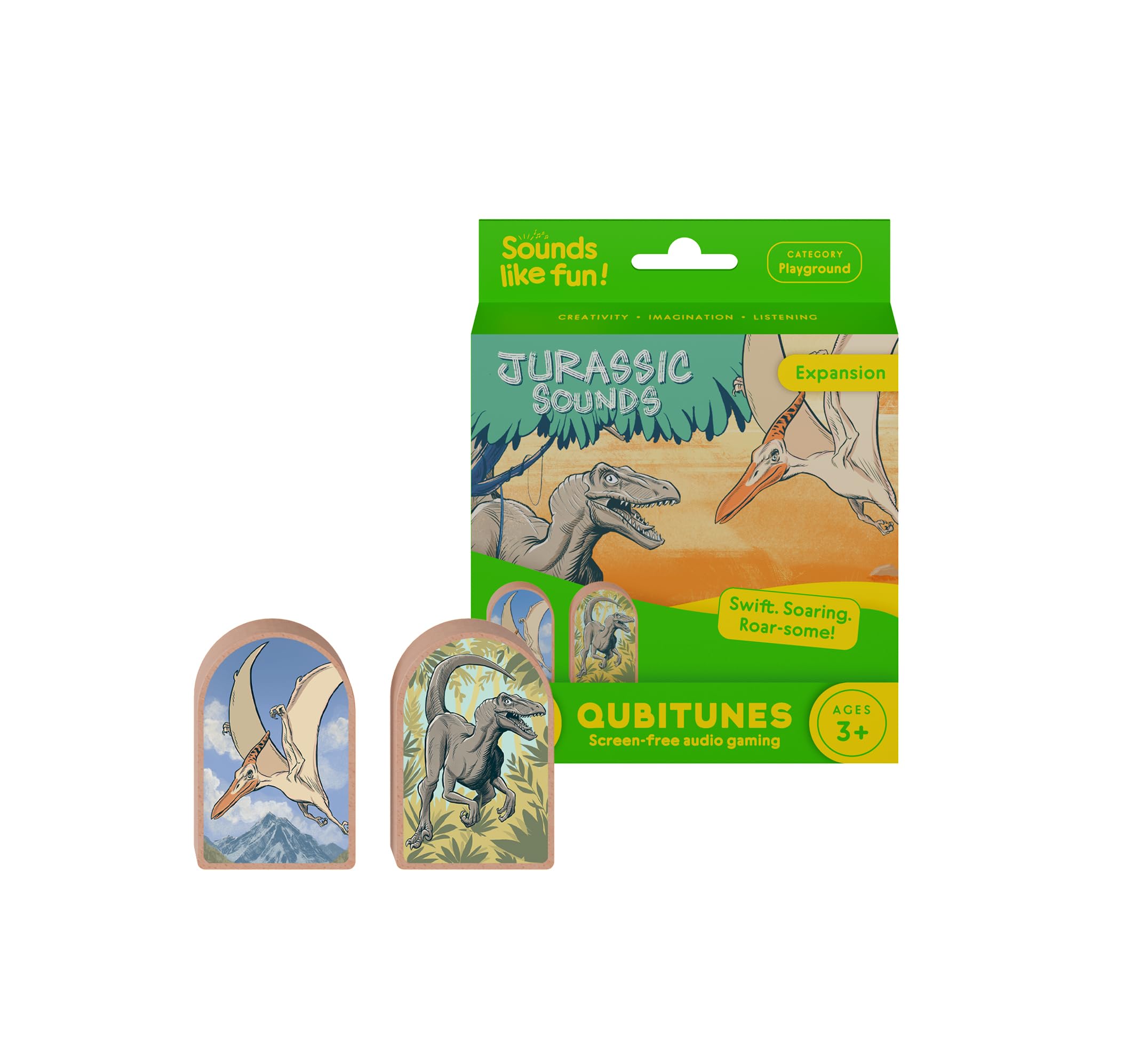 QUBITUNES Jurassic Sounds Expansion Pack for Screen-Free Kids Audio Play Stage - 2 Wooden Dinosaur Toy Blocks Velociraptor & Pterodactyl, — image 1