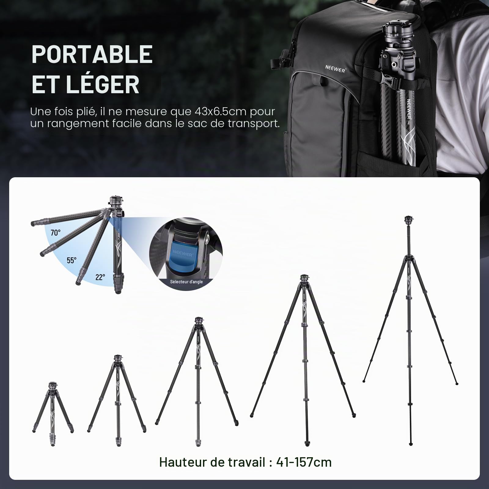 NEEWER LITETRIP LT32 Trépied de Voyage en Fibre de Carbone avec tête panoramique à 360° nivellement ± 15 °, axe Central Amovible, Boucle à Rabat Rapide, Plaque QR Arca Compatible avec Peak Design