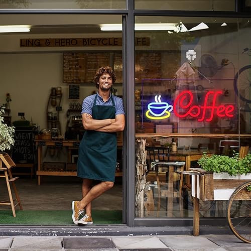 Miniatura 4 de Letreros de neón café de 16.5 x 8.7 pulgadas (rojo, azul + amarillo) + letreros de neón de tacos de 15.8 x 8.7 pulgadas (rojo, verde + blanco cálido)