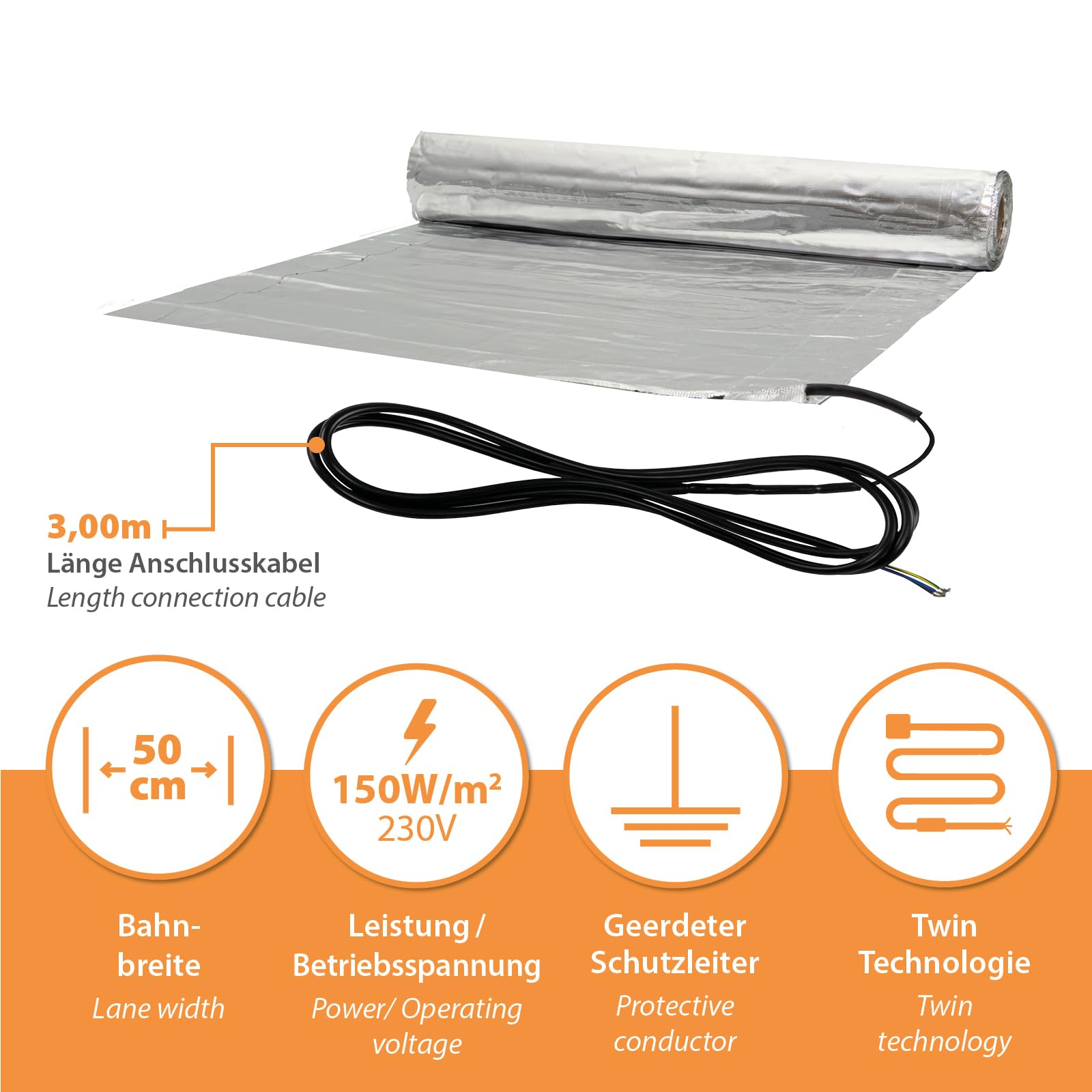 Esterilla calefactora de aluminio, 150 W/m², 2,5 m², calefacción eléctrica por suelo radiante