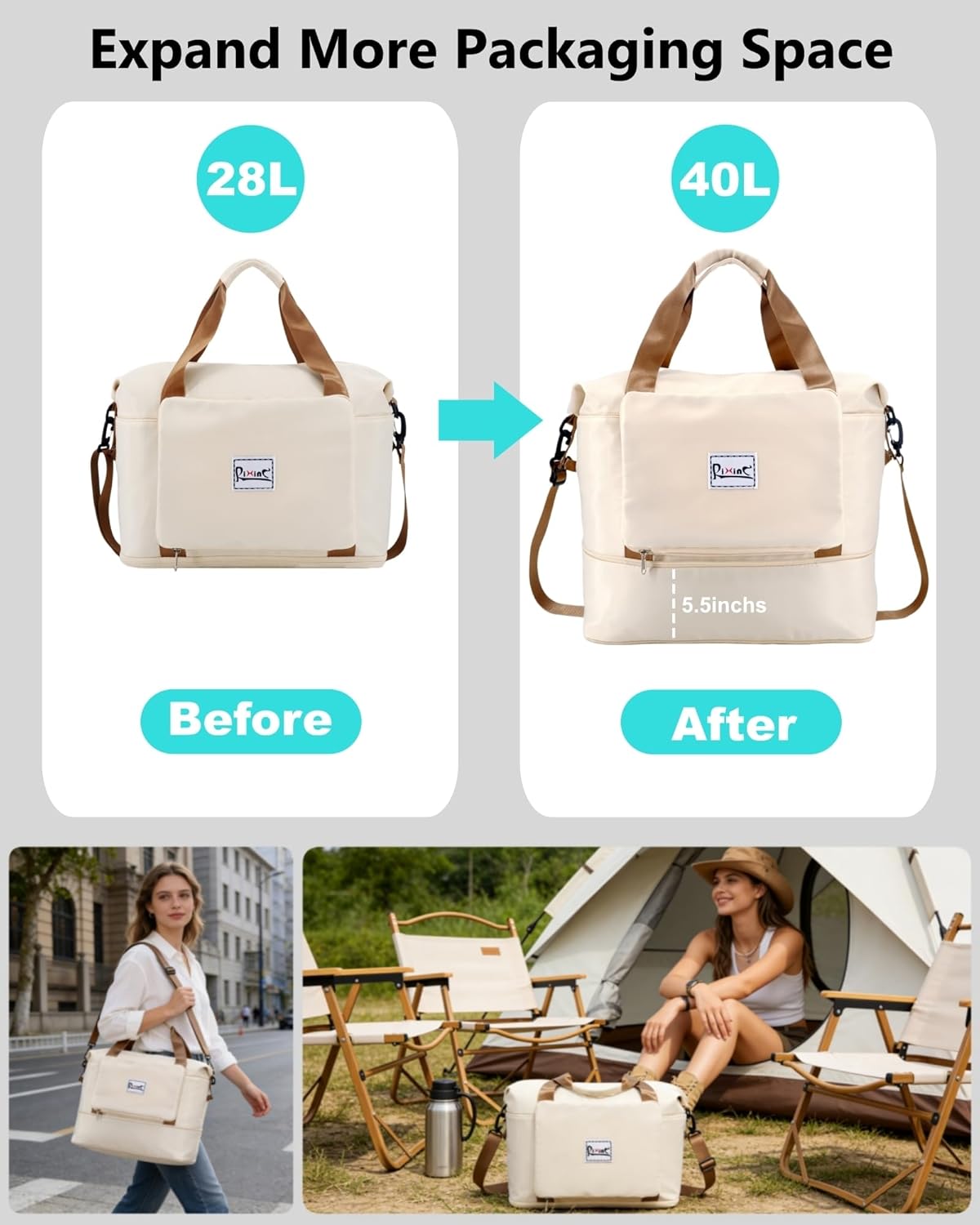 Foldable Travel Bag, 40L Duffle Bag for Travel with Multiple Pockets, Expandable Gym Carry On Bag, Overnight Weekender Bags for Women (Beige) - Image 5