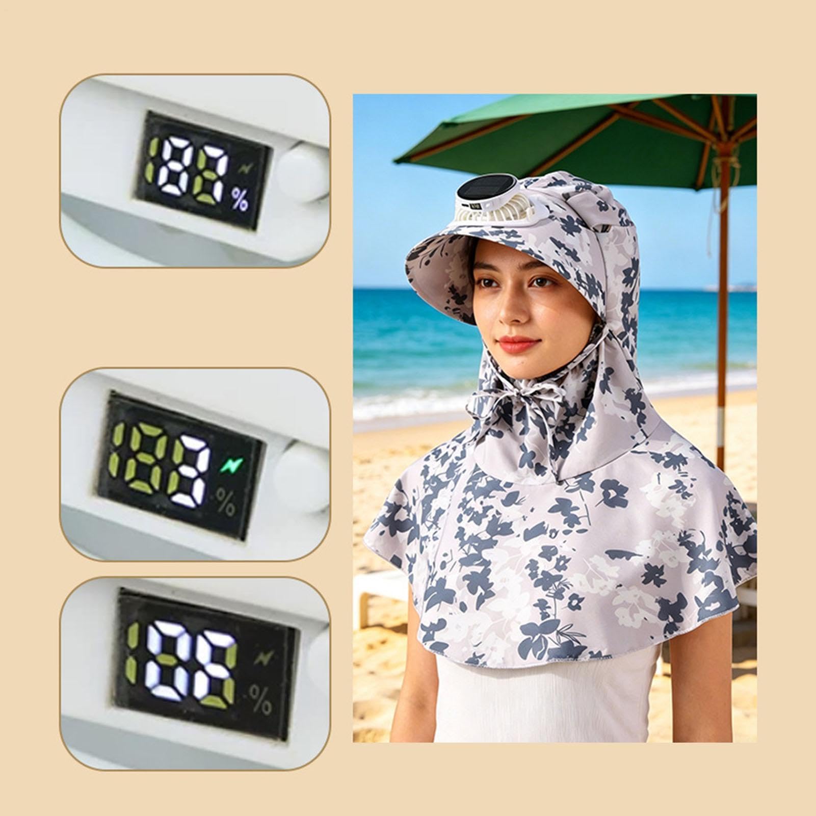 Chapeau avec ventilateurs à énergie solaire – Large bord châle à rabat 3 vitesses – Chapeaux d'éventail pour femme – Pour jardinage, plage, vacances, , camping, randonnée – Gris