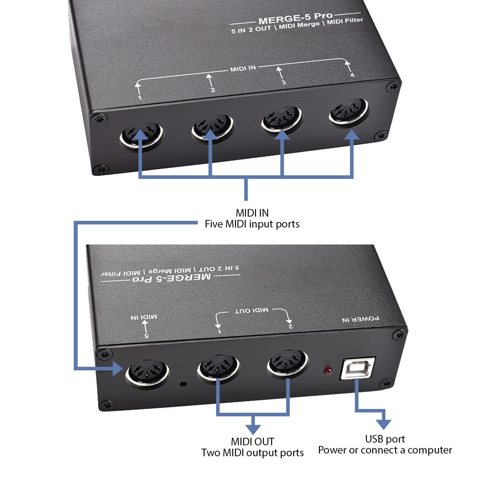 Convertitore Splitter MIDI Avanzato Box Host MIDI USB per Sintetizzatore Tastiera Pianoforte Elettronico, 5 Ingressi e 2 Uscite, Lega di Alluminio, Nero