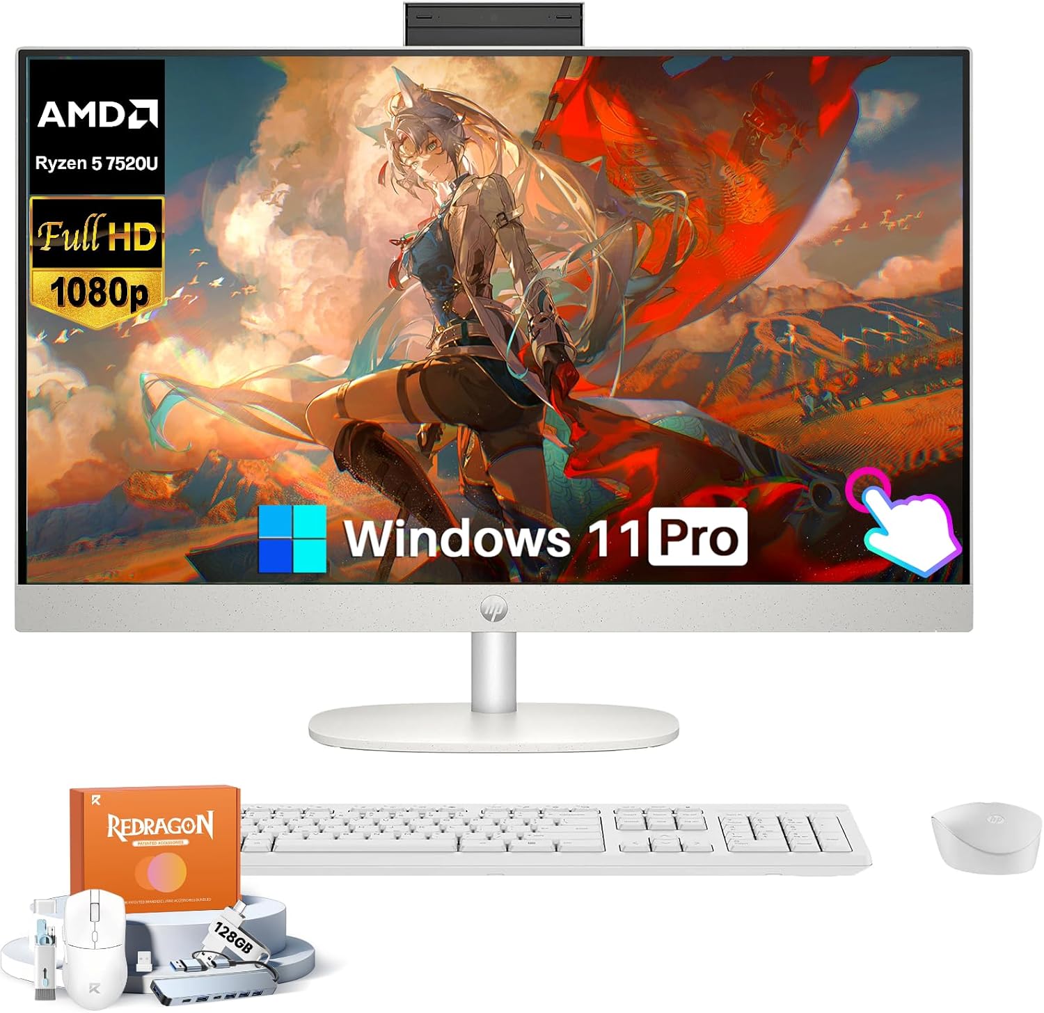 HP All in One Desktop Computer, AMD Ryzen 5 7520U, 16 GB DDR5, 1 TB SSD, 27 Inch (1920 x 1080) FHD Anti-Glare Touchscreen, Wi-Fi 6, Bluetooth 5.3, Windows 11 Pro, Wireless KB & Mouse, w/Accessories