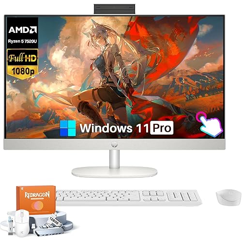 HP All in One Desktop Computer, AMD Ryzen 5 7520U, 16 GB DDR5, 1 TB SSD, 27 Inch (1920 x 1080) FHD Anti-Glare Touchscreen, Wi-Fi 6, Bluetooth 5.3, Windows 11 Pro, Wireless KB & Mouse, w/Accessories