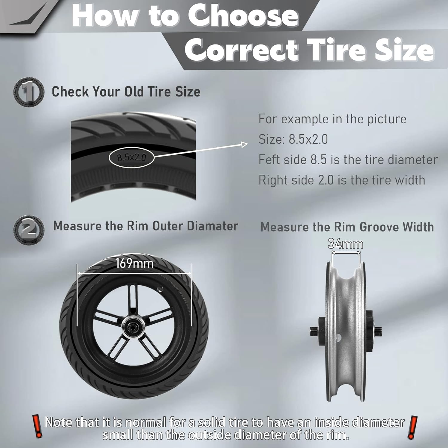 8.5x2.0 Inch Solid Scooter Tire, Fit for 50/75-6.1 8 1/2x2 10x2.0 10x2.125 Orignal Tire, Fit for isinwheel S9 pro VOLPAM SP06/ SPT7/ SP03 Electric Scooter Front Rear Tire, Black 2pcs