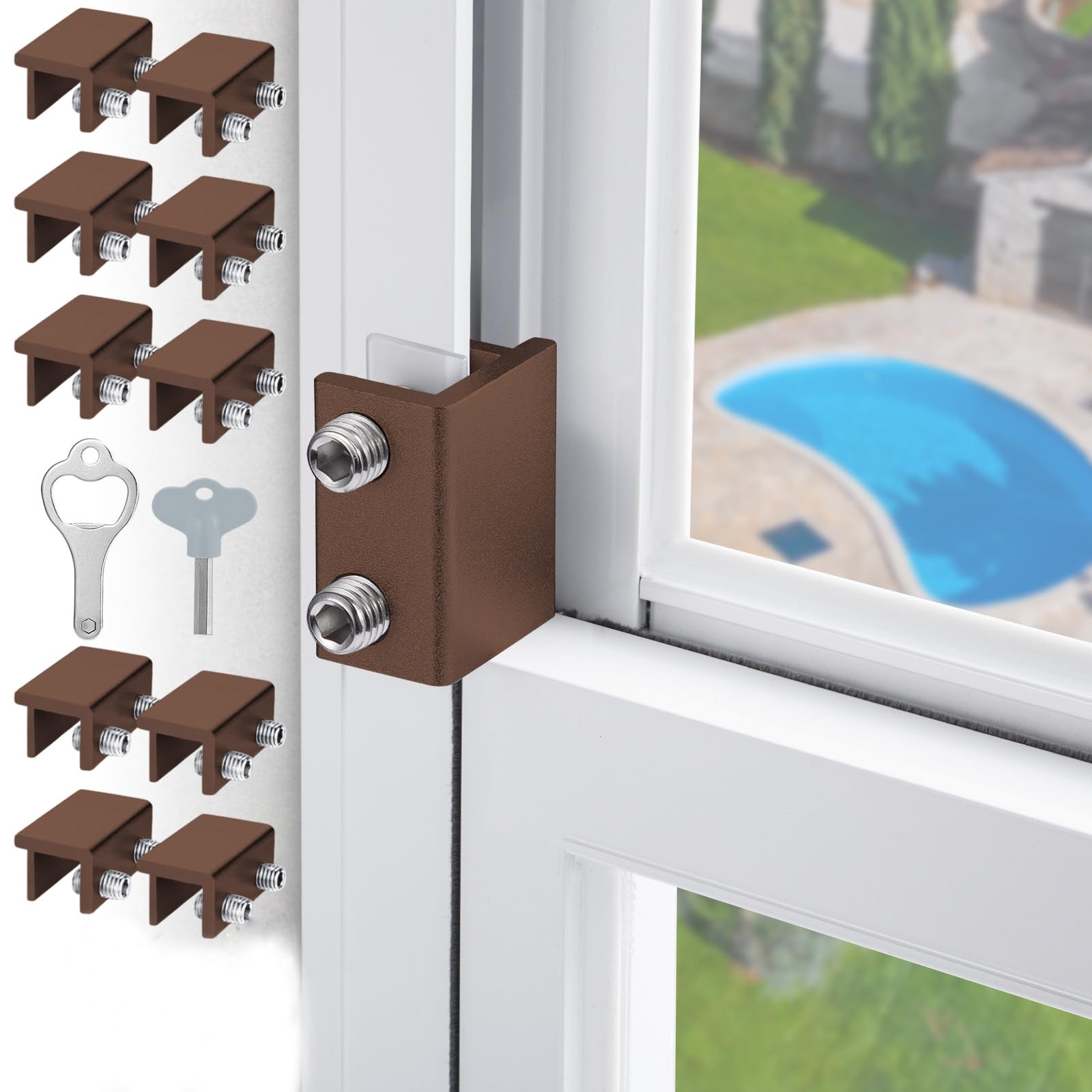 Crodoer Brown Sliding Window Locks, Horizontal & Vertical, Aluminum Alloy, Pin Tumbler, 10 Sets