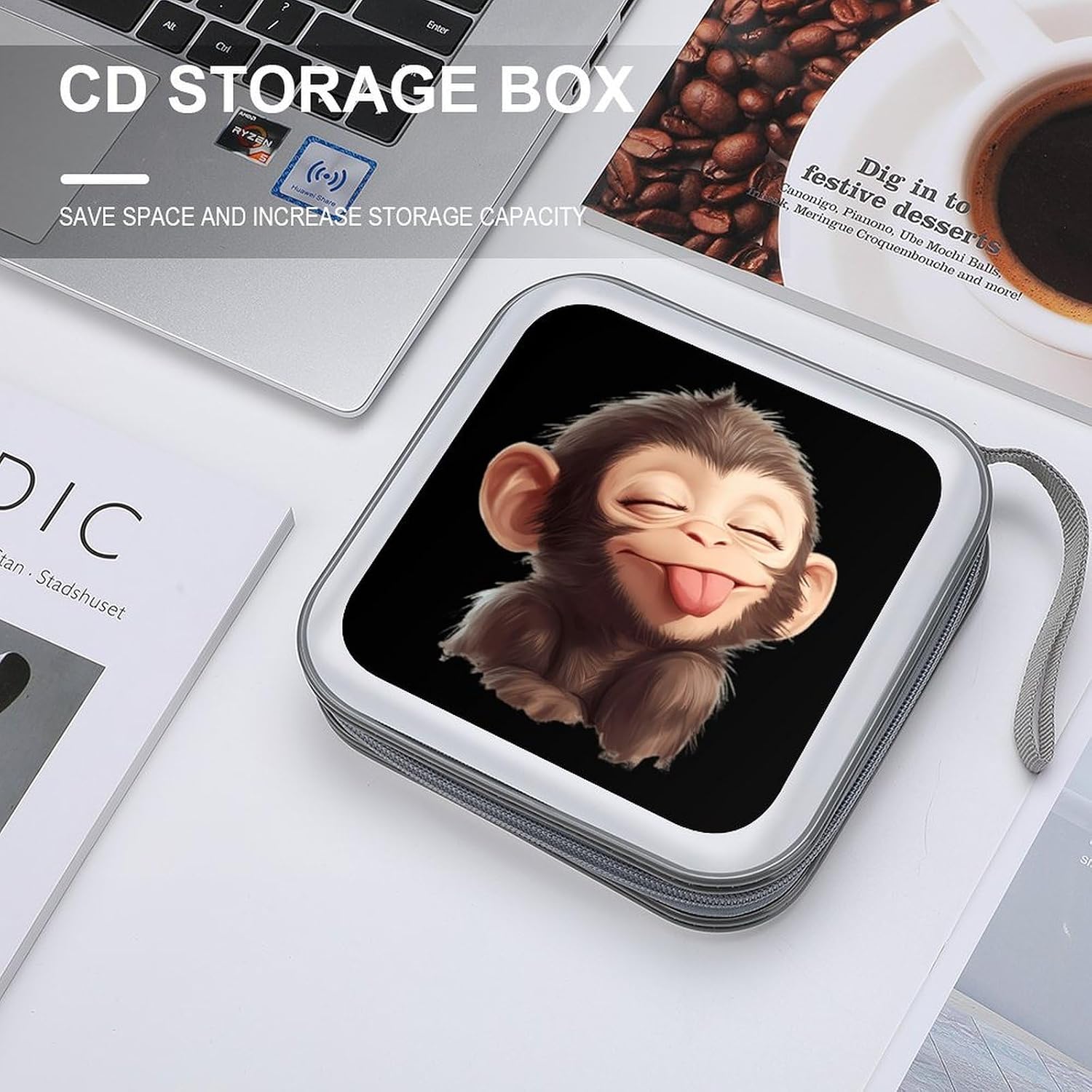 Cute Monkey Tongue Sticking Out Protective CD Case Storage Rack 40 Capacity DVD Holder Organizer Car Travel