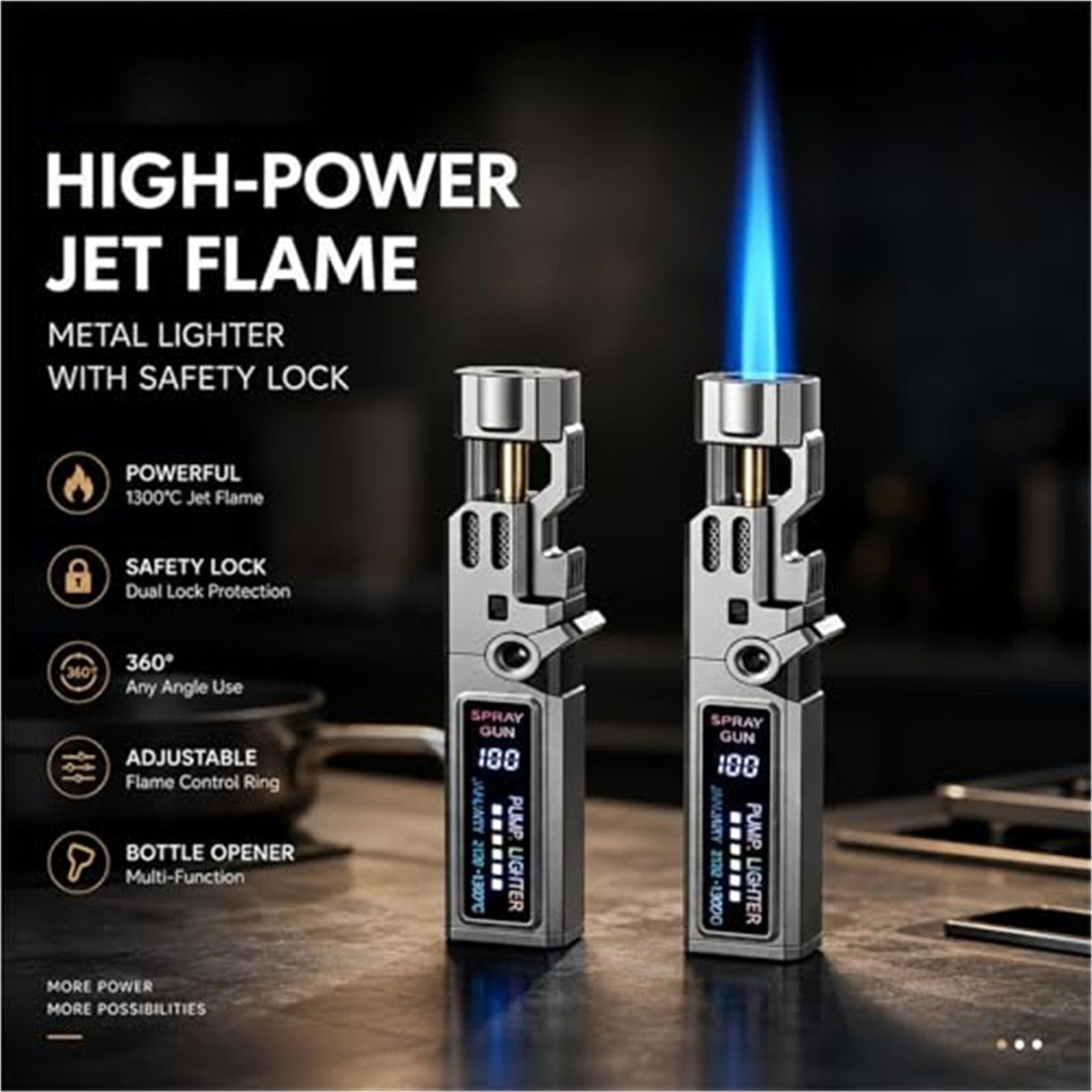 Encendedor resistente al viento con cerradura de seguridad y abridor de botellas, diseño de metal portátil, perfecto para velas, camping y regalo, funcionalidad 3 en 1