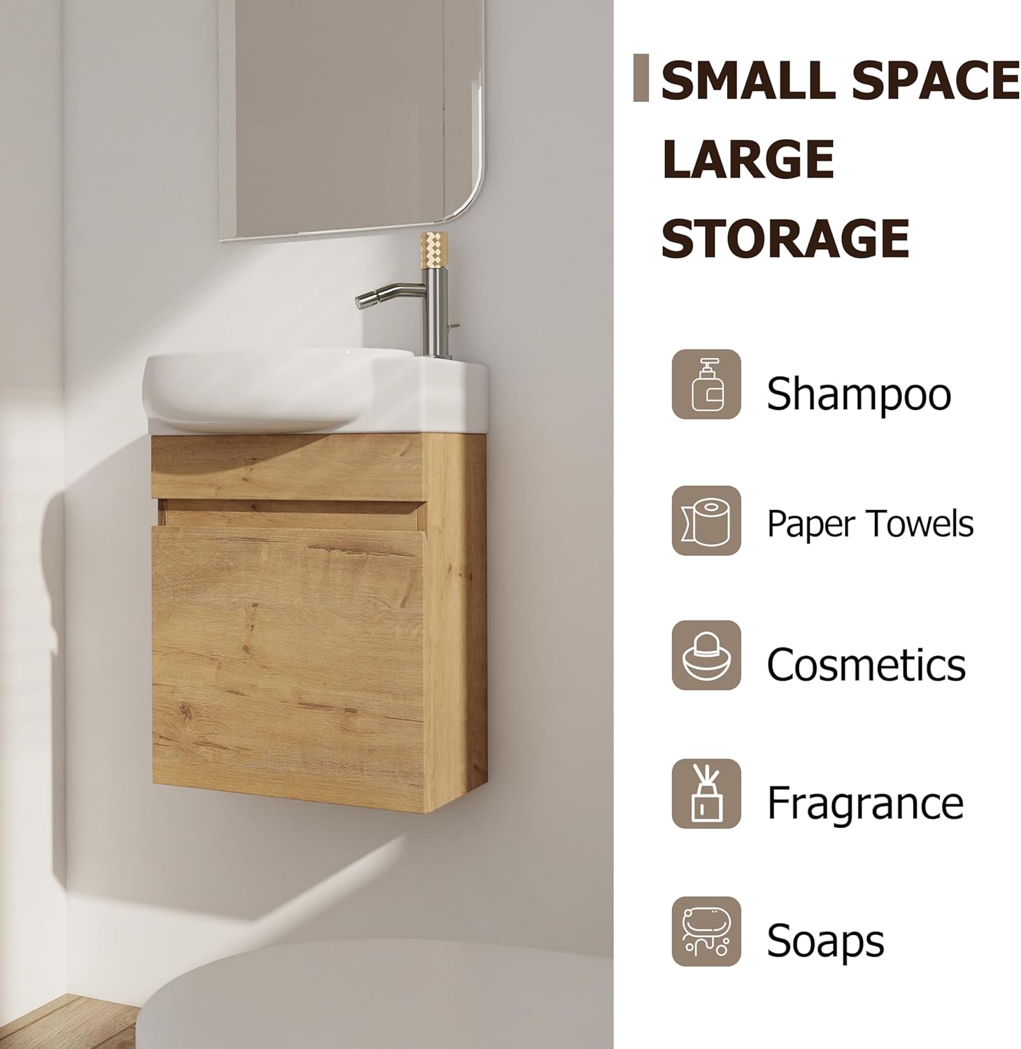 SSLine 16" Small Bathroom Vanity with Sink Combo Wall Mounted Rustic Oak Floating Bathroom Vanity Set Counter Top Round Sink for Small Space