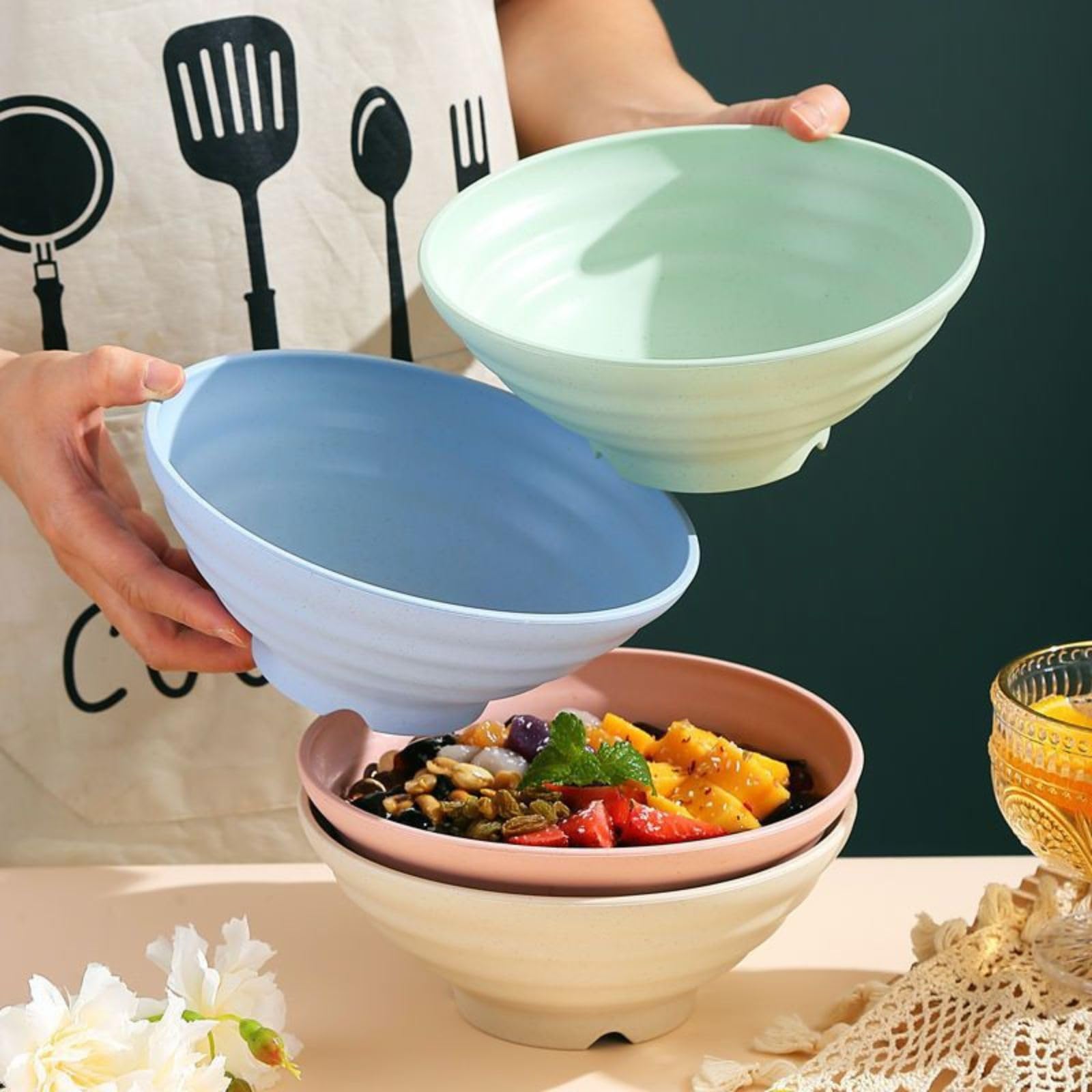 HEXONIQ® 1900ml Unbreakable Cereal Bowls, 10" Wheat Straw Fiber Rice Bowls, Japanese Ramen Noodle Soup Bowl, Lightweight Salad Bowls for Serving Fruit Snack Dessert, 25x10cm, Yellow, Pack of 2 1
