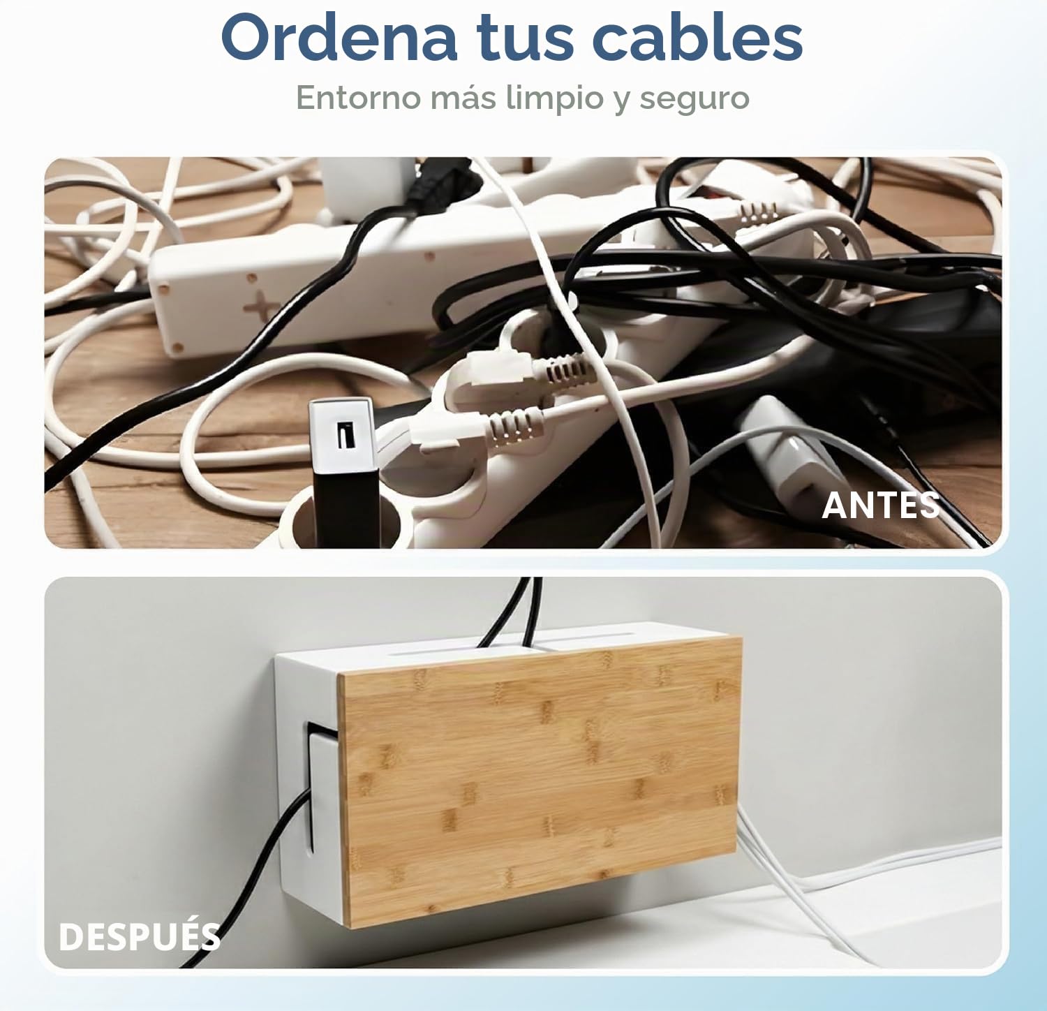 Caja de gestión de Cables de bambú 41×20×11 cm – Tapa magnética – Organizador de Cables con Kit para Montaje en Pared – Caja ocultacables para Escritorio y Zona TV (Blanco L)