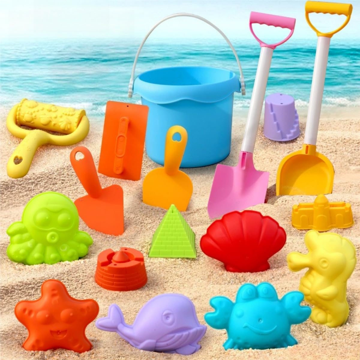 Kids Beach Sand Toy Set 17 Pack, Portable Travel Beach Toys, Sand Bucket & Spade Shovel Moulds,Summer Seaside Garden Backyard Sandpit Play Equipment