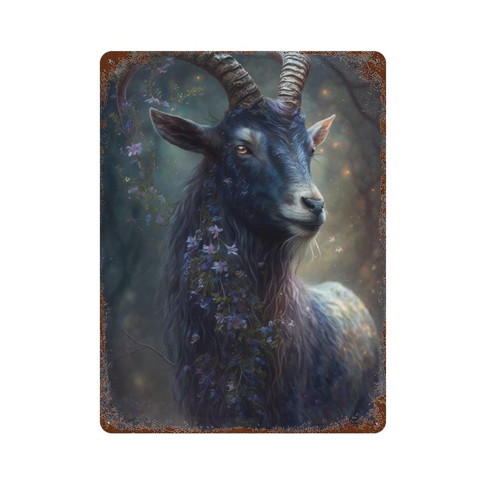 Vintage Rust Metal Sign with Fantasy Forest Goat with Flowers Design 15.7"x11.8", for Shed, Workshop And Garage Wall Decor, Retro Wall Decor