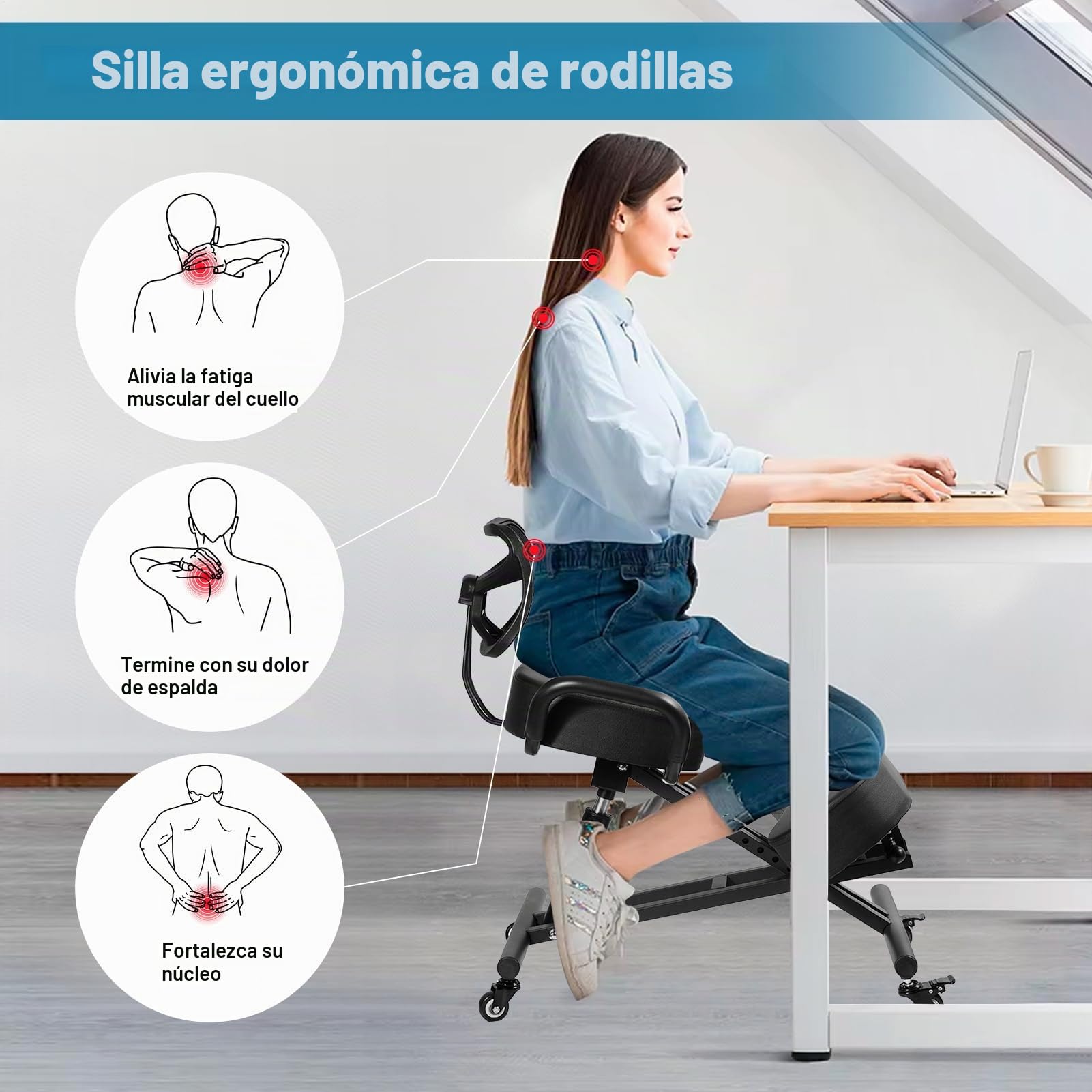 Silla de rodilla ajustable con respaldo y cojín de malla – Taburete para rodillas de 4 niveles y marco estable 100 kg – Silla ergonómica para estudio, escuela y área de belleza