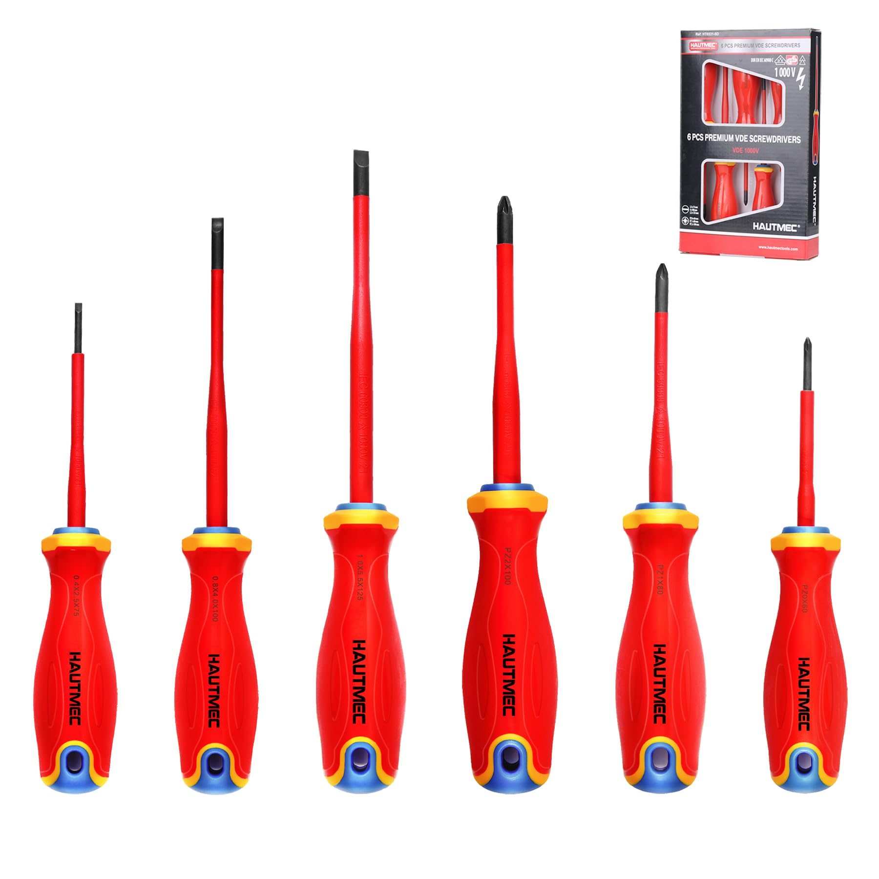HAUTMECHAUTMEC 1000V VDE Insulated Screwdriver Set 6Piece Electrician Screwdriver Set with Forged S2 Shanks, Magnetic Tips, Tri-Material Cushion Grip, Professional Electrician Screwdriver Kit