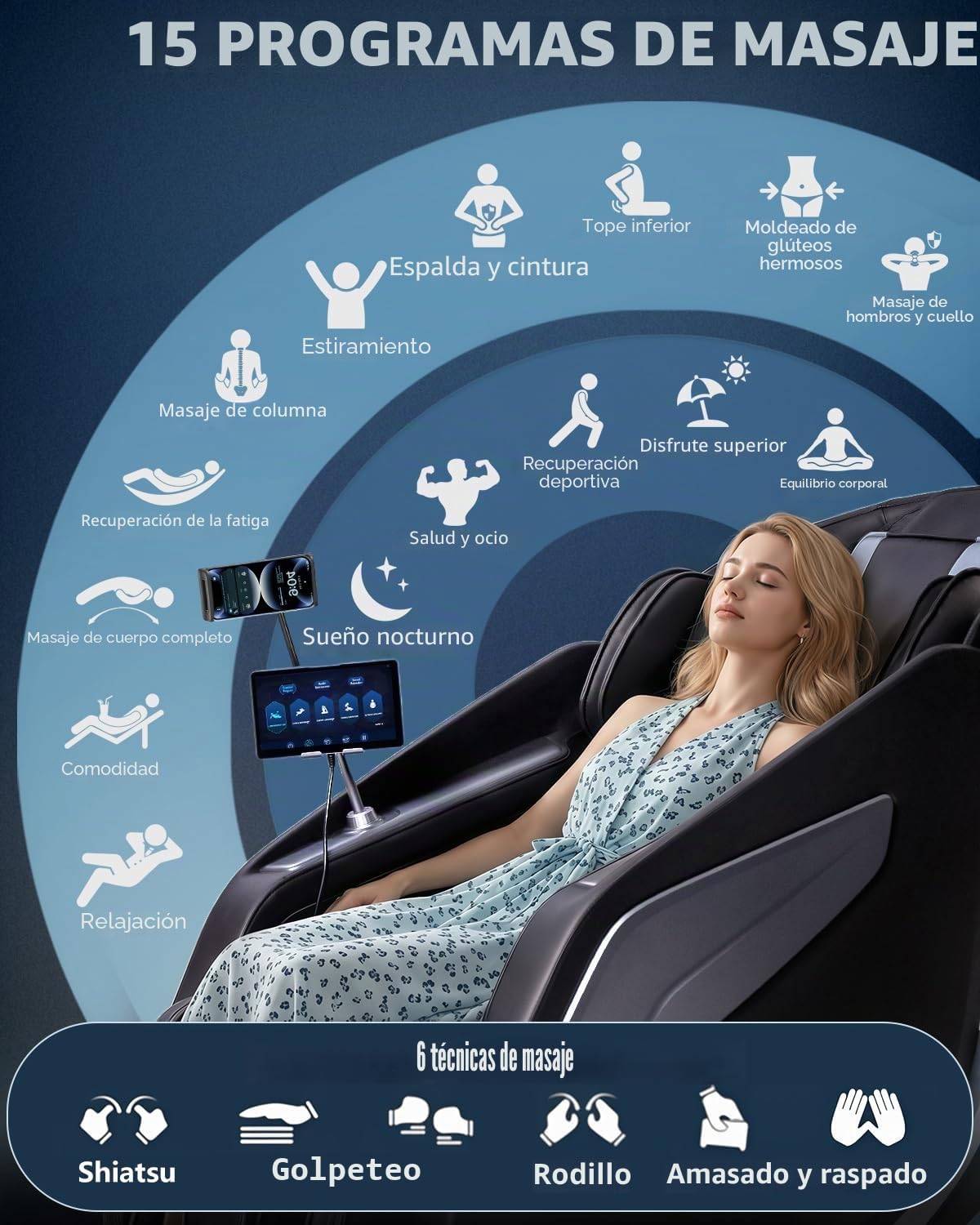 Sillón de Masaje con Masaje Shiatsu Inteligente 4D (Negro) | Modo de gravedad cero, calefacción en la espalda y las piernas, control por voz con IA, altavoz Bluetooth, masaje SL Track